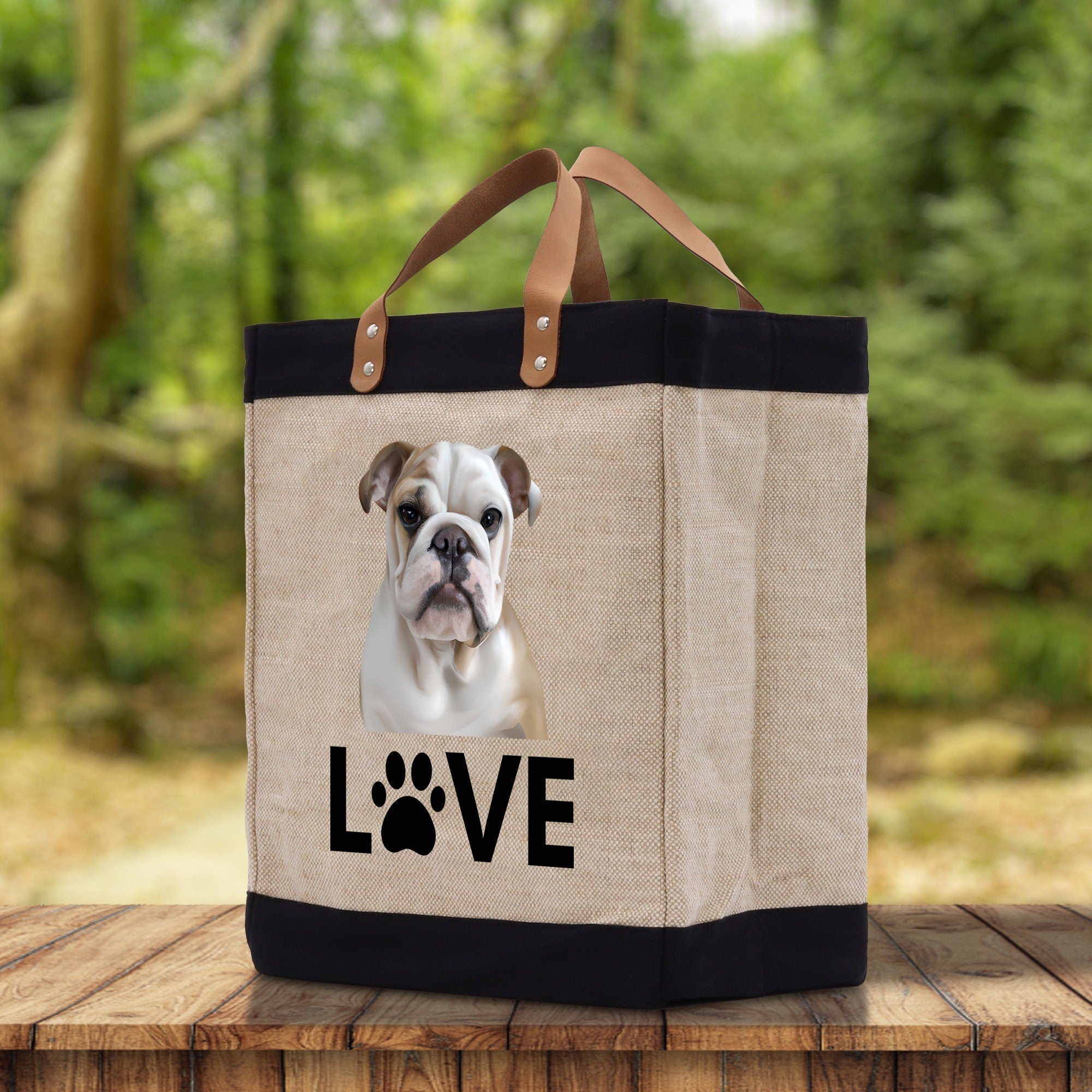 Bulldog Love Dog Jute Canvas Tote Funny Farmer Market Bag Quote Jute Bag Shopping Bag Burlap Bag Dog Owner Gift - Aaria Tees Aaria Tees