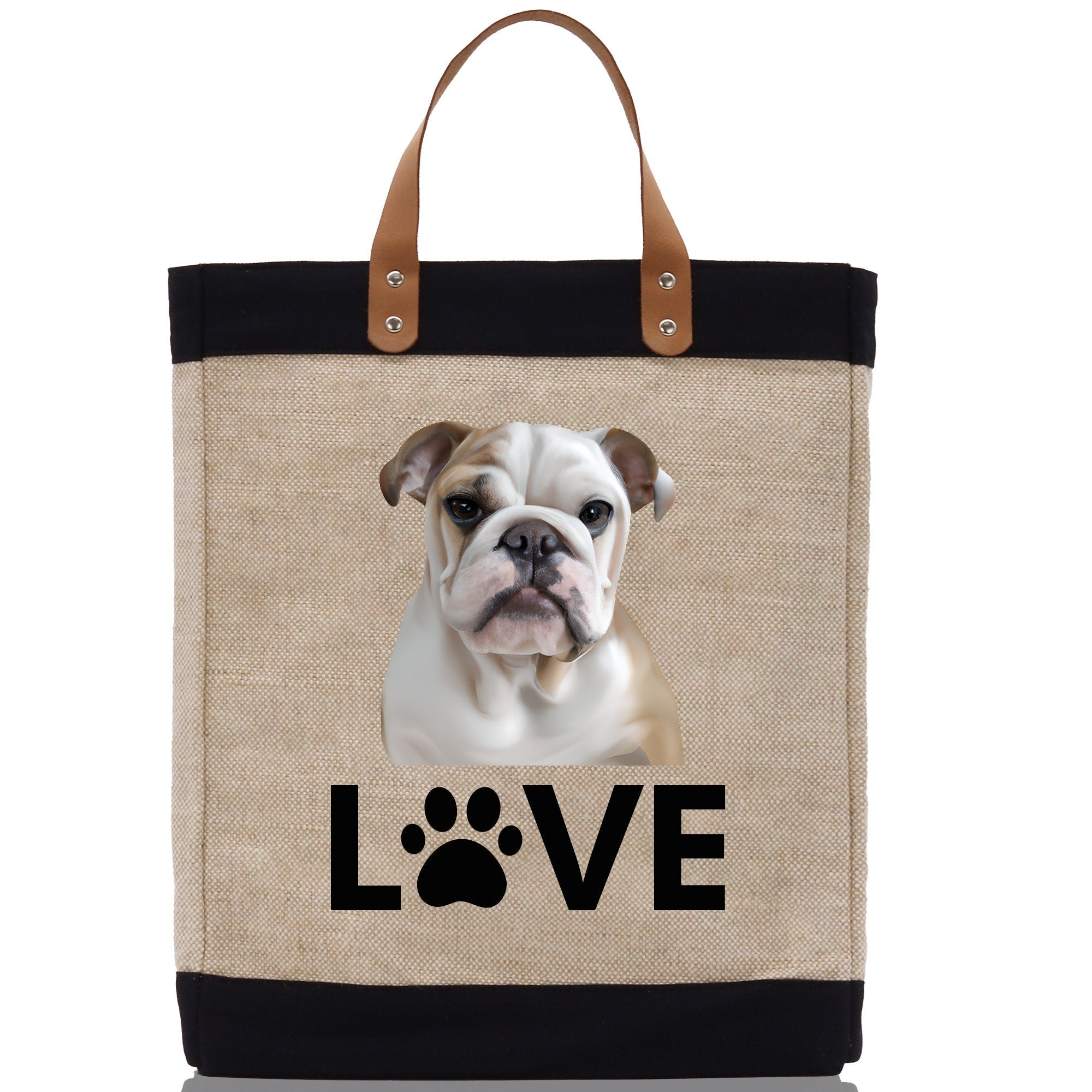 Bulldog Love Dog Jute Canvas Tote Funny Farmer Market Bag Quote Jute Bag Shopping Bag Burlap Bag Dog Owner Gift - Aaria Tees Aaria Tees