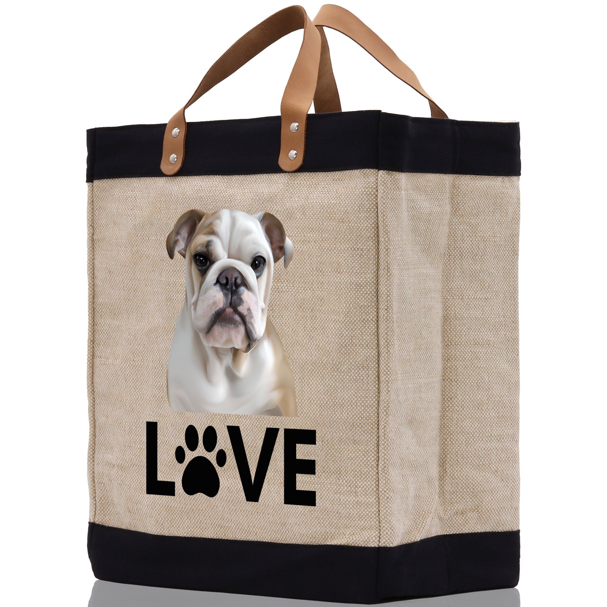 Bulldog Love Dog Jute Canvas Tote Funny Farmer Market Bag Quote Jute Bag Shopping Bag Burlap Bag Dog Owner Gift - Aaria Tees Aaria Tees