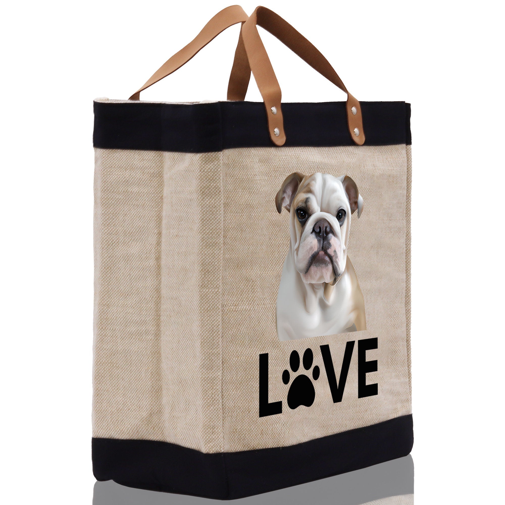 Bulldog Love Dog Jute Canvas Tote Funny Farmer Market Bag Quote Jute Bag Shopping Bag Burlap Bag Dog Owner Gift - Aaria Tees Aaria Tees
