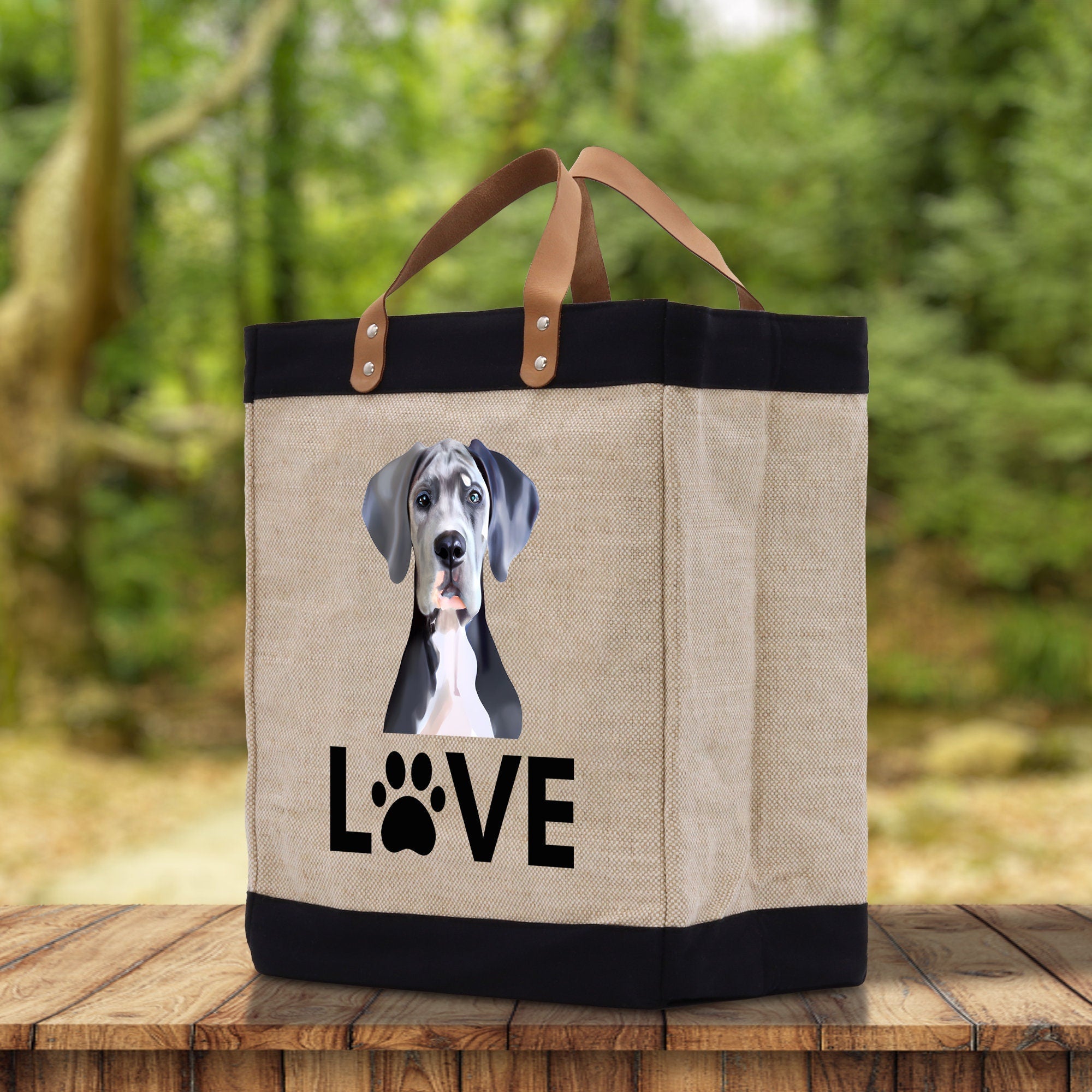 Great Dane Love Dog Jute Canvas Tote Funny Farmer Market Bag Quote Jute Bag Shopping Bag Burlap Bag Dog Owner Gift - Aaria Tees Aaria Tees