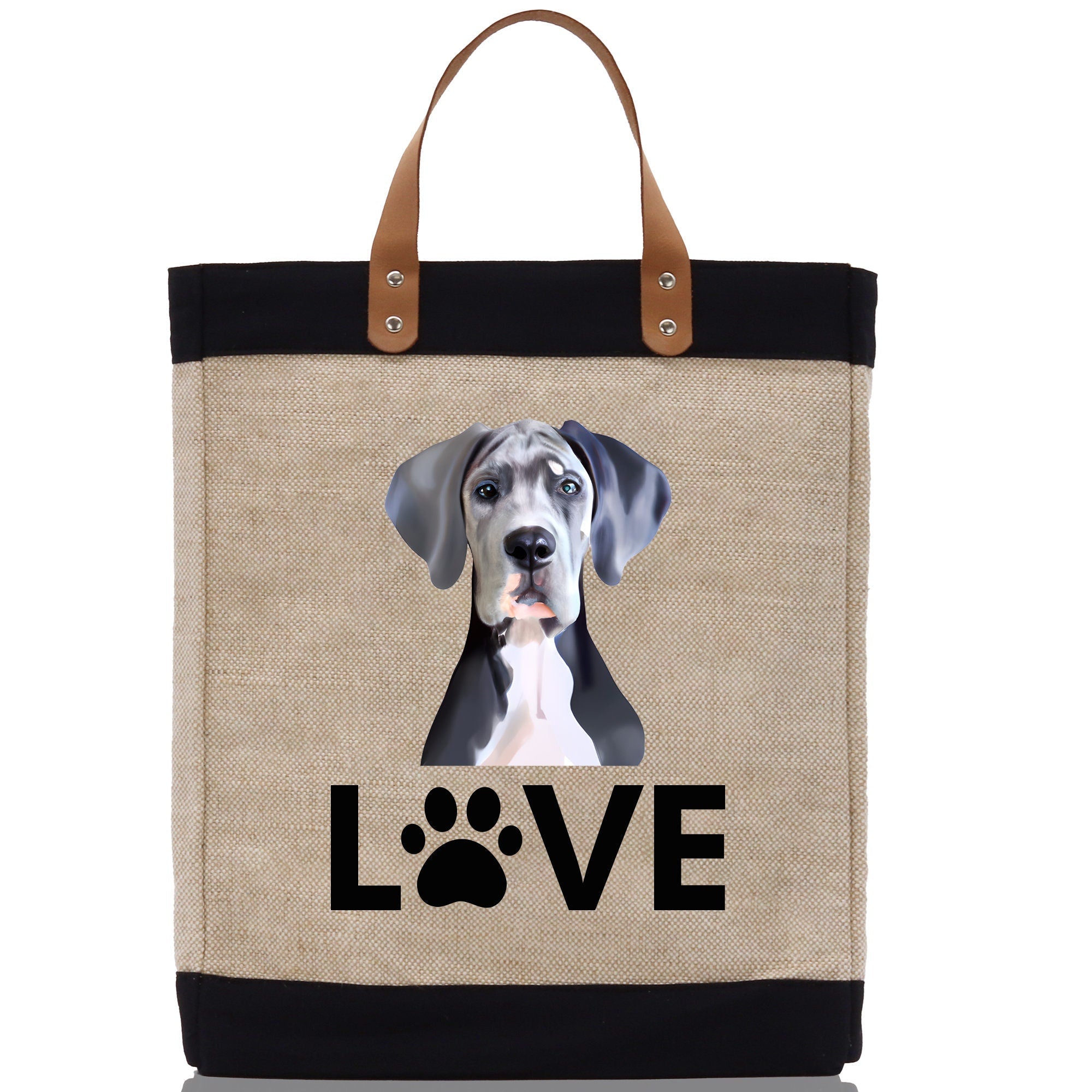 Great Dane Love Dog Jute Canvas Tote Funny Farmer Market Bag Quote Jute Bag Shopping Bag Burlap Bag Dog Owner Gift - Aaria Tees Aaria Tees