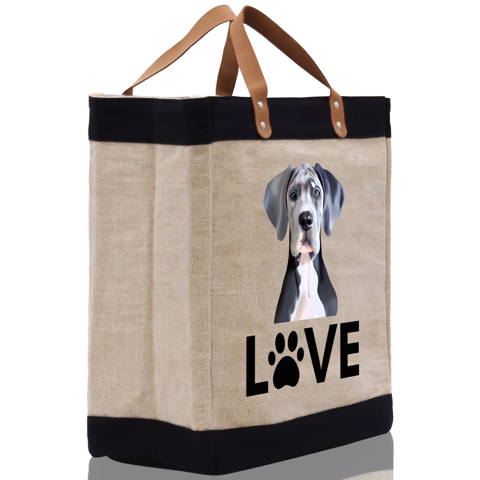 Great Dane Love Dog Jute Canvas Tote Funny Farmer Market Bag Quote Jute Bag Shopping Bag Burlap Bag Dog Owner Gift - Aaria Tees Aaria Tees