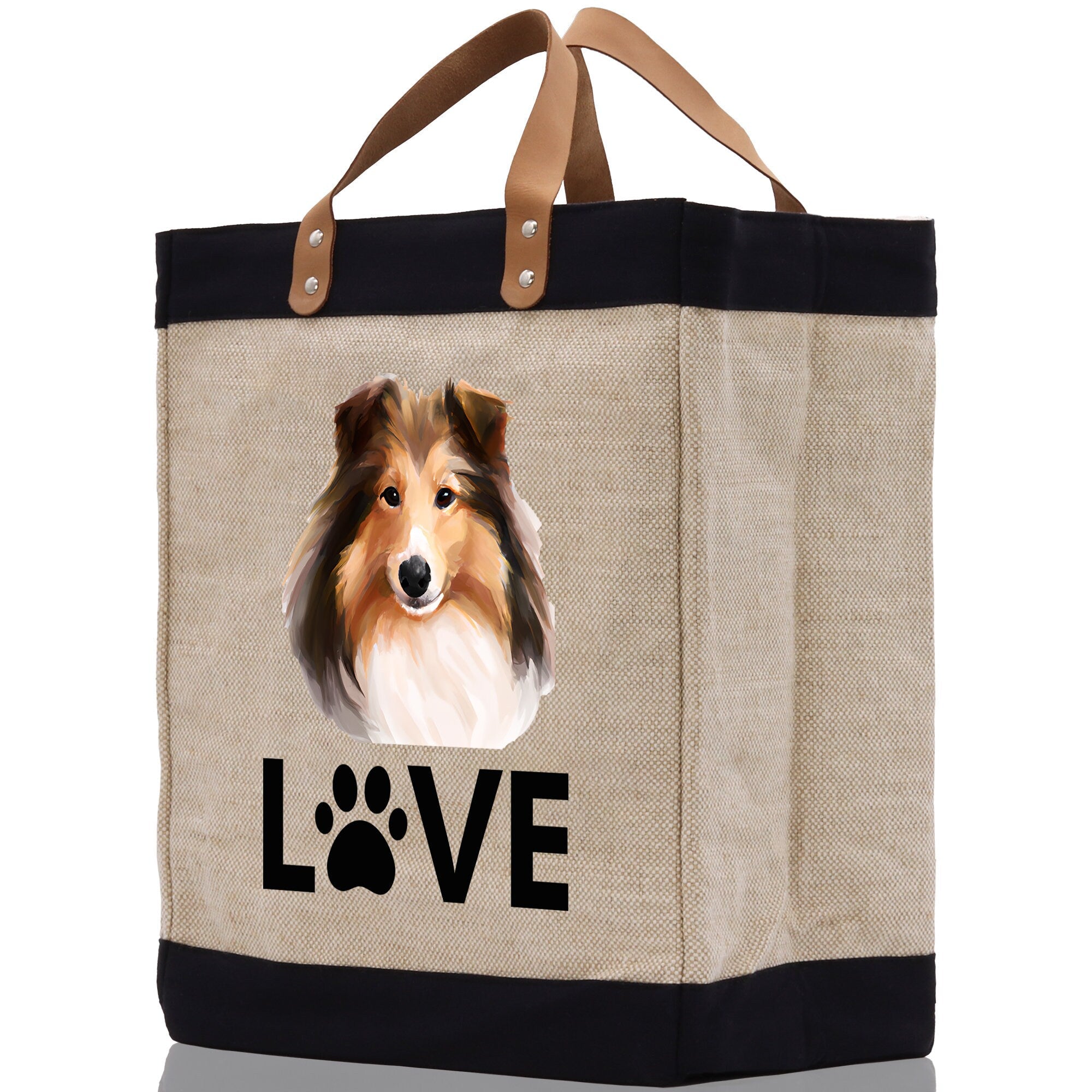 Sheltie Love Dog Jute Canvas Tote Funny Farmer Market Bag Quote Jute Bag Shopping Bag Burlap Bag Dog Owner Gift - Aaria Tees Aaria Tees