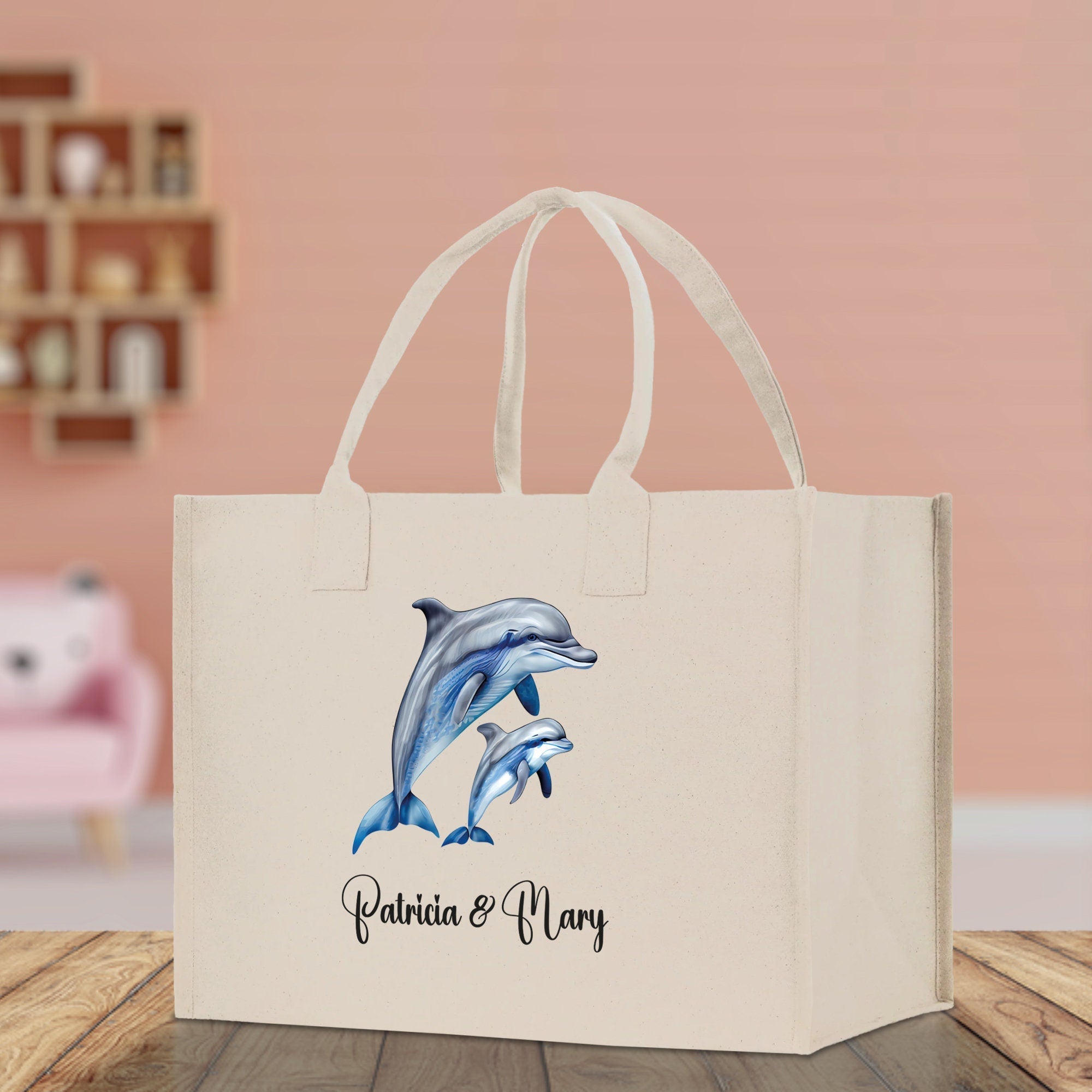 Dolphin Mom And Baby Name Custom Cotton Canvas Tote Bag Custom Pet Lover Gift Pet Portrait Bag Personalized Pet Owner Gift Tote Bag - Aaria Tees Aaria Tees