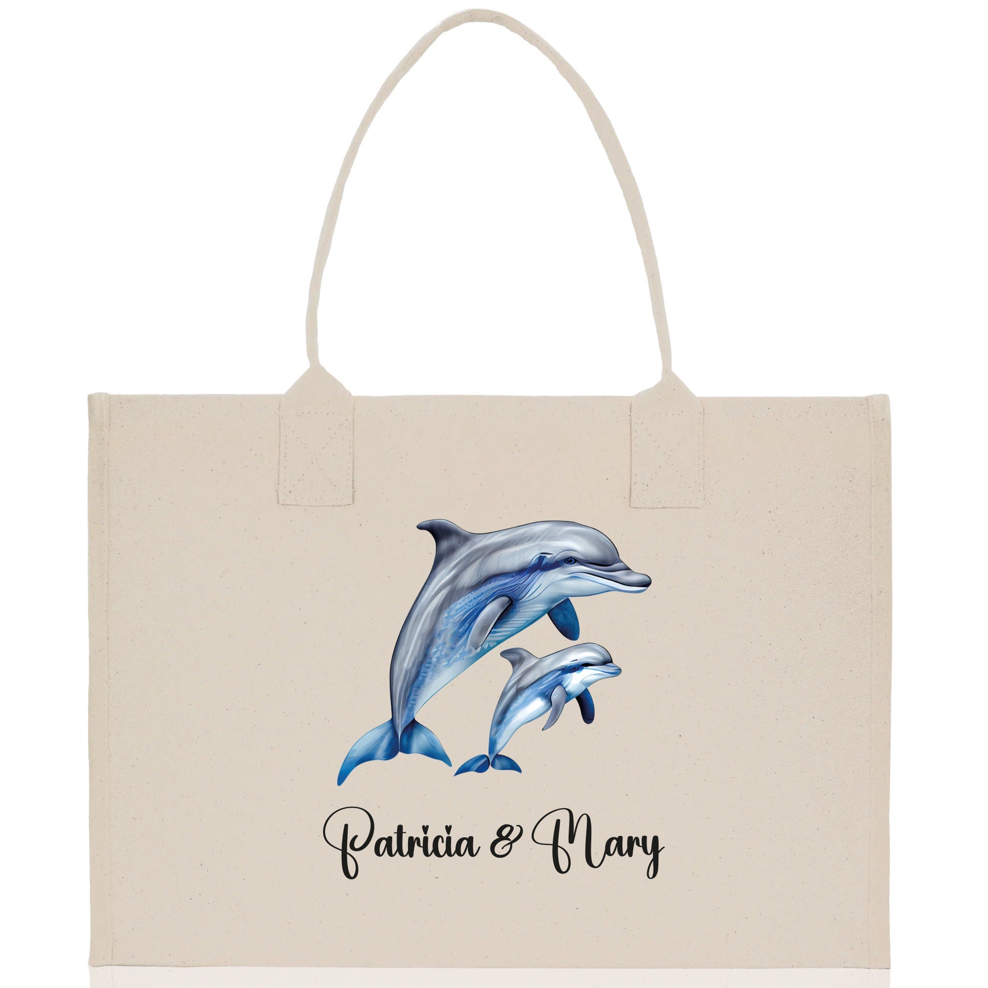 Dolphin Mom And Baby Name Custom Cotton Canvas Tote Bag Custom Pet Lover Gift Pet Portrait Bag Personalized Pet Owner Gift Tote Bag - Aaria Tees Aaria Tees