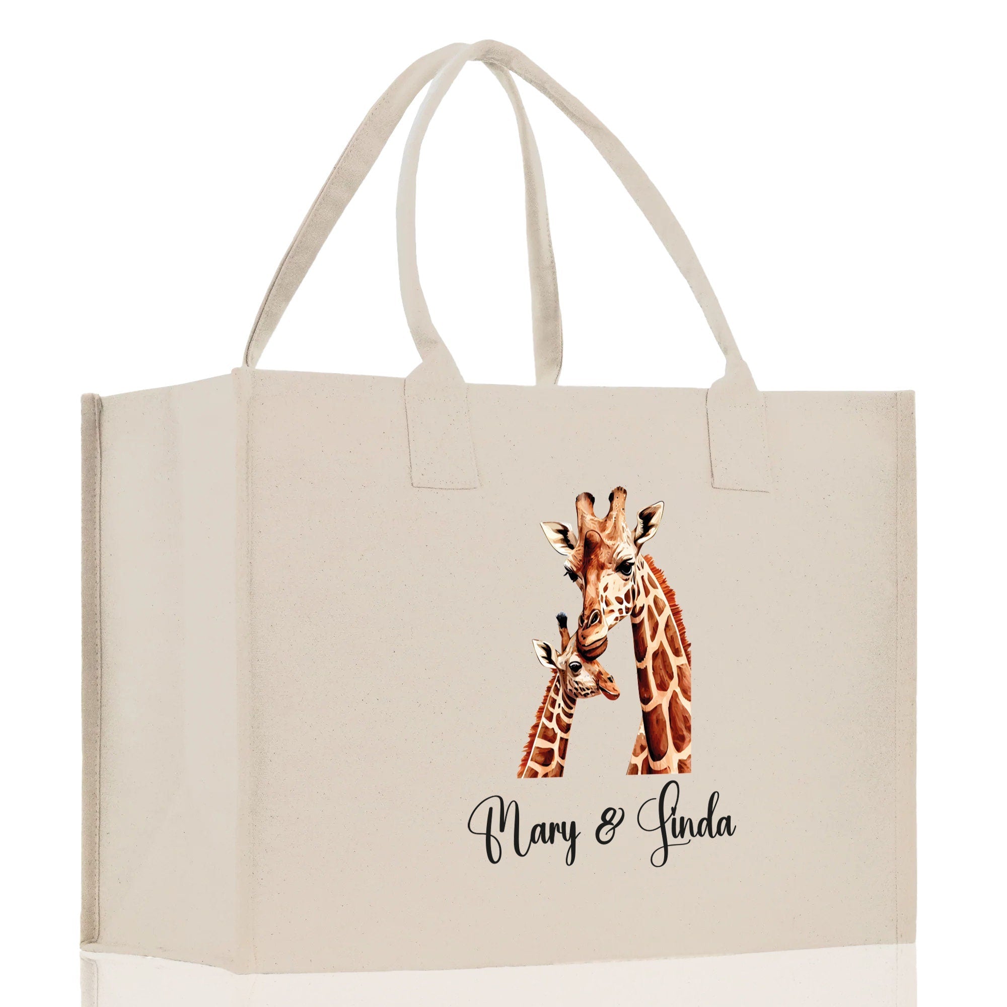 Giraffe Mom And Baby Name Custom Cotton Canvas Tote Bag Custom Pet Lover Gift Pet Portrait Bag Personalized Pet Owner Gift Tote Bag - Aaria Tees Aaria Tees