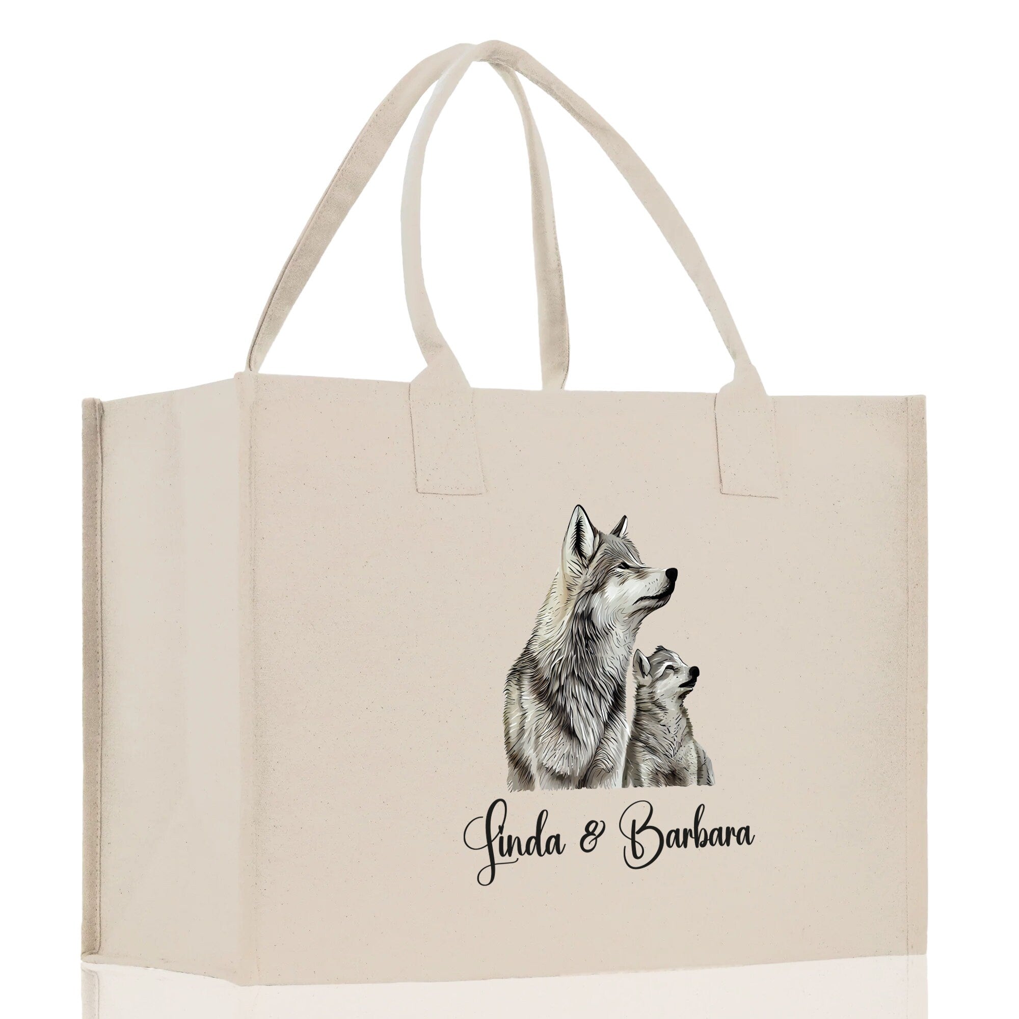 Wolf Mom And Baby Name Custom Cotton Canvas Tote Bag Custom Pet Lover Gift Pet Portrait Bag Personalized Pet Owner Gift Tote Bag - Aaria Tees Aaria Tees