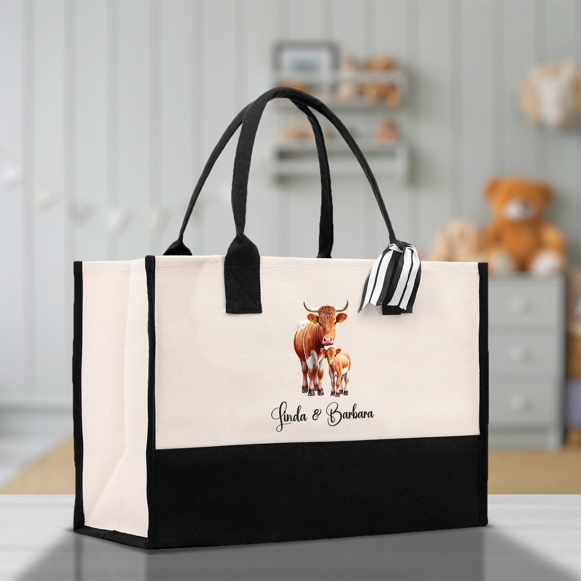 Cow Mom And Baby Name Custom Cotton Canvas Tote Bag Custom Pet Lover Gift Pet Portrait Bag Personalized Pet Owner Gift Tote Bag - Aaria Tees Aaria Tees