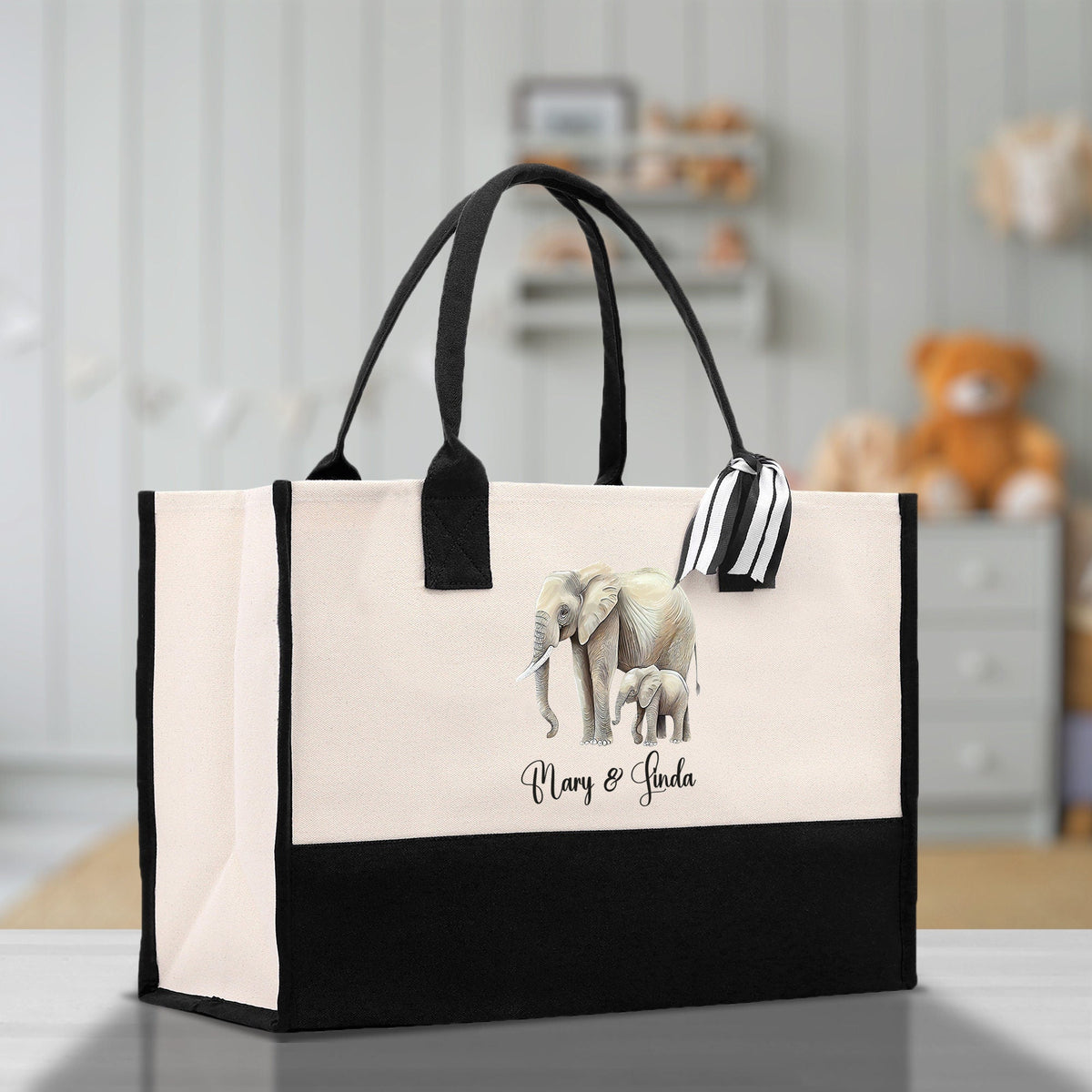Elephant Mom And Baby Name Custom Cotton Canvas Tote Bag Custom Pet Lover Gift Pet Portrait Bag Personalized Pet Owner Gift Tote Bag - Aaria Tees
