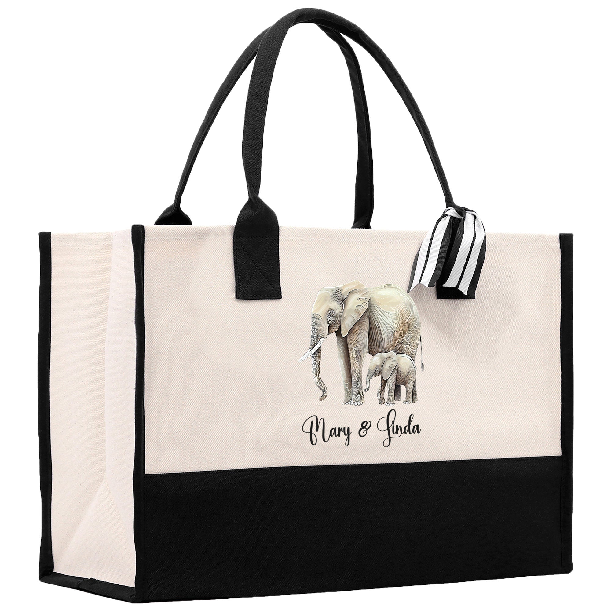 Elephant Mom And Baby Name Custom Cotton Canvas Tote Bag Custom Pet Lover Gift Pet Portrait Bag Personalized Pet Owner Gift Tote Bag - Aaria Tees Aaria Tees