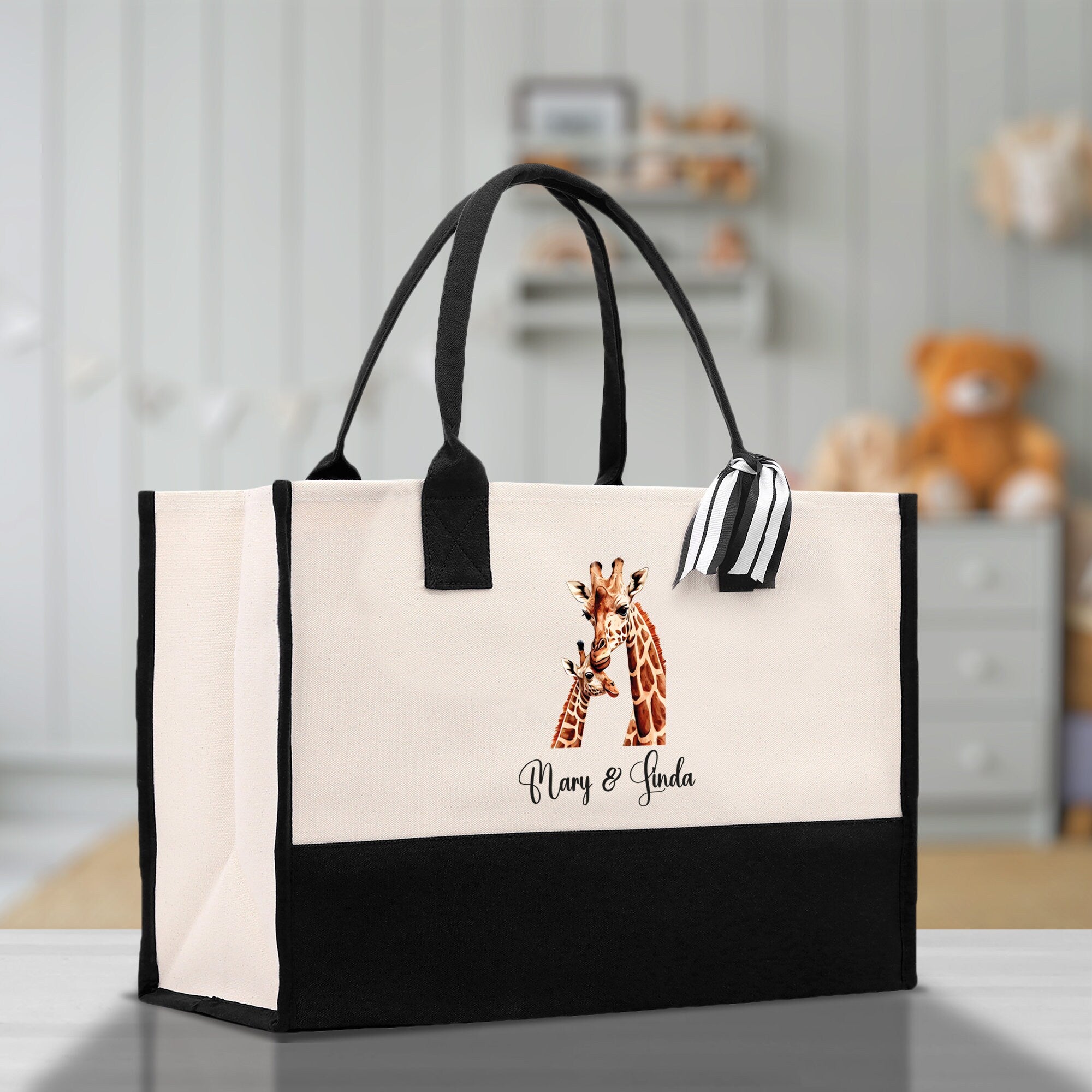 Giraffe Mom And Baby Name Custom Cotton Canvas Tote Bag Custom Pet Lover Gift Pet Portrait Bag Personalized Pet Owner Gift Tote Bag - Aaria Tees Aaria Tees