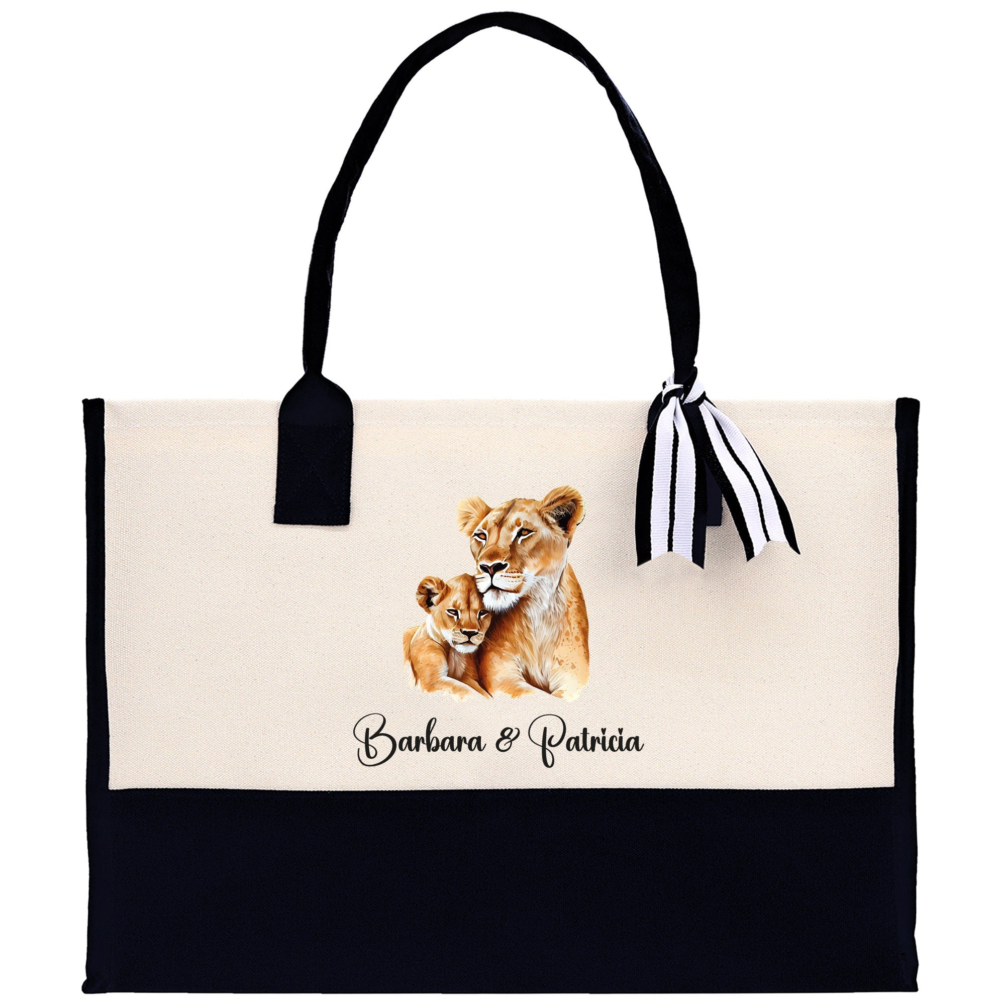Lion Mom And Baby Name Custom Cotton Canvas Tote Bag Custom Pet Lover Gift Pet Portrait Bag Personalized Pet Owner Gift Tote Bag - Aaria Tees Aaria Tees