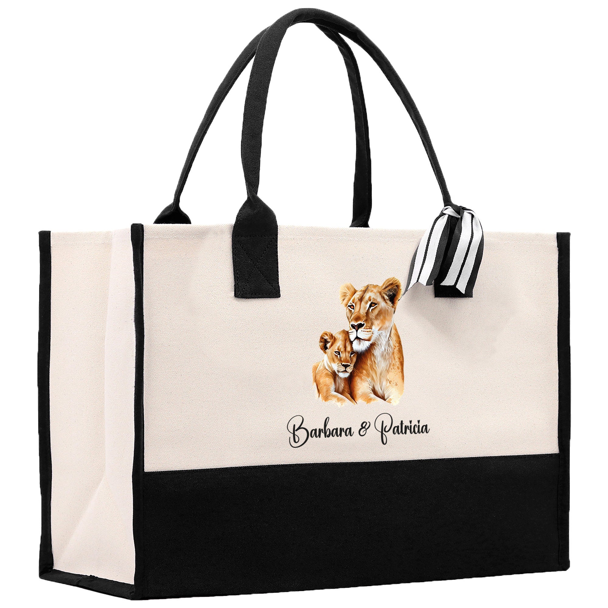 Lion Mom And Baby Name Custom Cotton Canvas Tote Bag Custom Pet Lover Gift Pet Portrait Bag Personalized Pet Owner Gift Tote Bag - Aaria Tees Aaria Tees