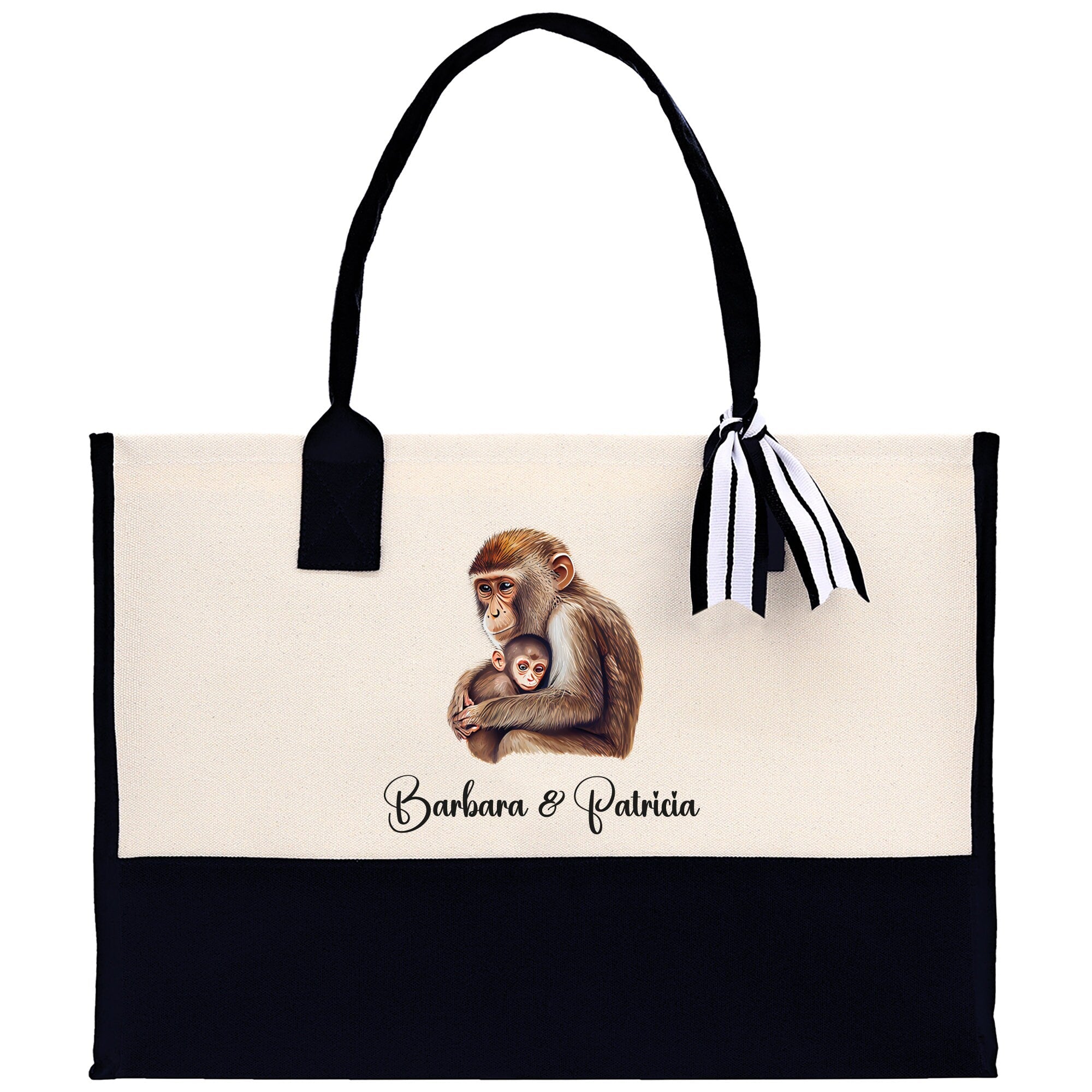 Monkey Mom And Baby Name Custom Cotton Canvas Tote Bag Custom Pet Lover Gift Pet Portrait Bag Personalized Pet Owner Gift Tote Bag - Aaria Tees Aaria Tees