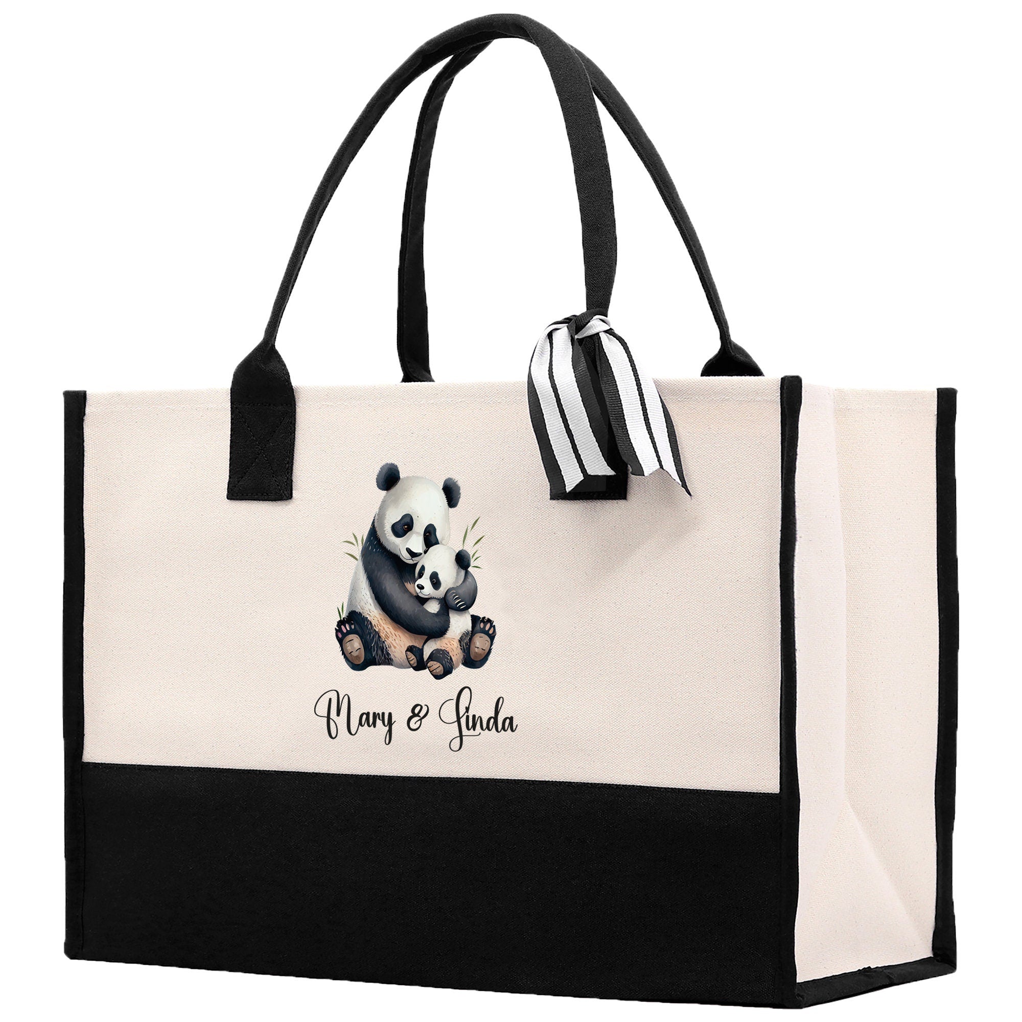 Panda Mom And Baby Name Custom Cotton Canvas Tote Bag Custom Pet Lover Gift Pet Portrait Bag Personalized Pet Owner Gift Tote Bag - Aaria Tees Aaria Tees