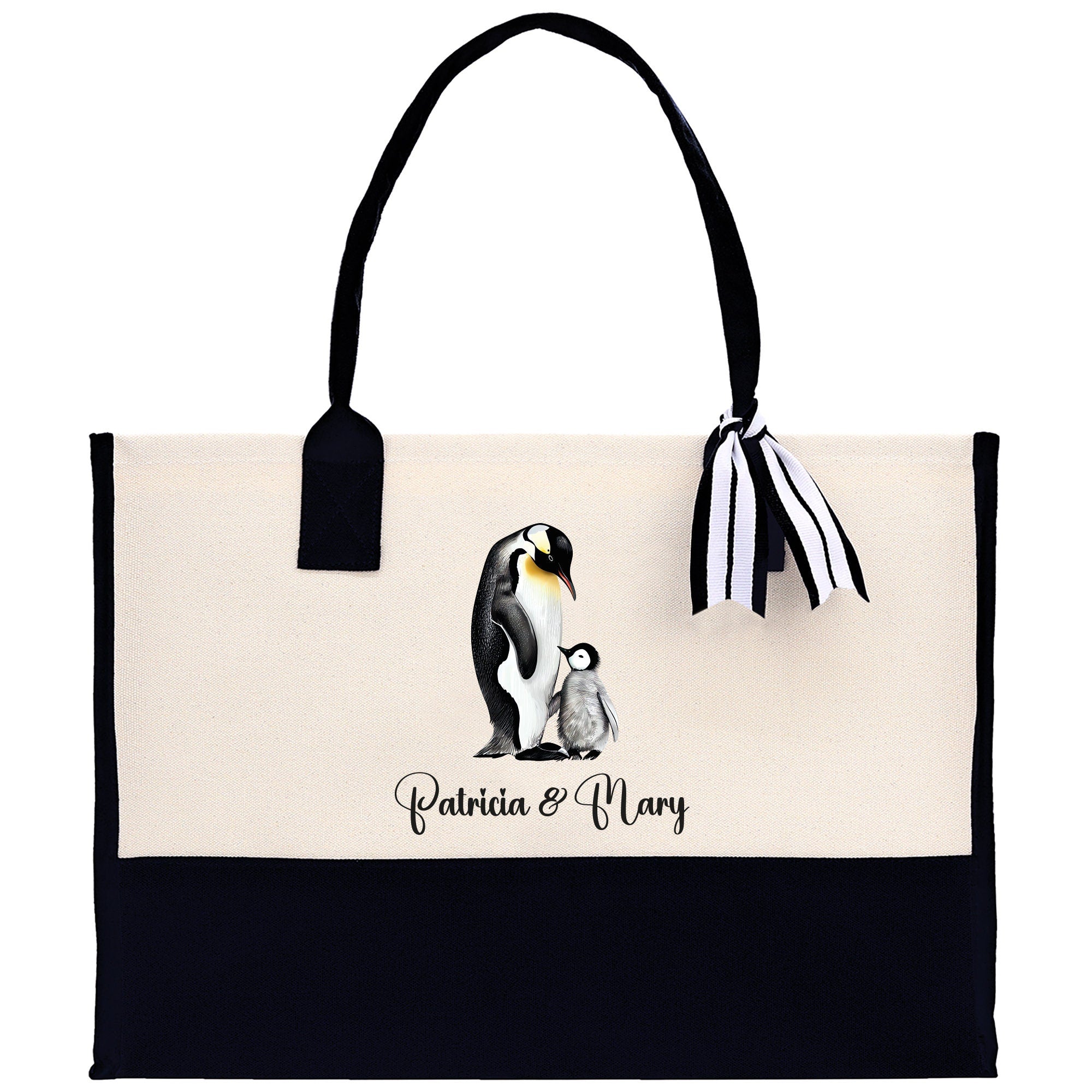 Penguin Mom And Baby Name Custom Cotton Canvas Tote Bag Custom Pet Lover Gift Pet Portrait Bag Personalized Pet Owner Gift Tote Bag - Aaria Tees Aaria Tees