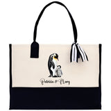 Penguin Mom And Baby Name Custom Cotton Canvas Tote Bag Custom Pet Lover Gift Pet Portrait Bag Personalized Pet Owner Gift Tote Bag - Aaria Tees Aaria Tees