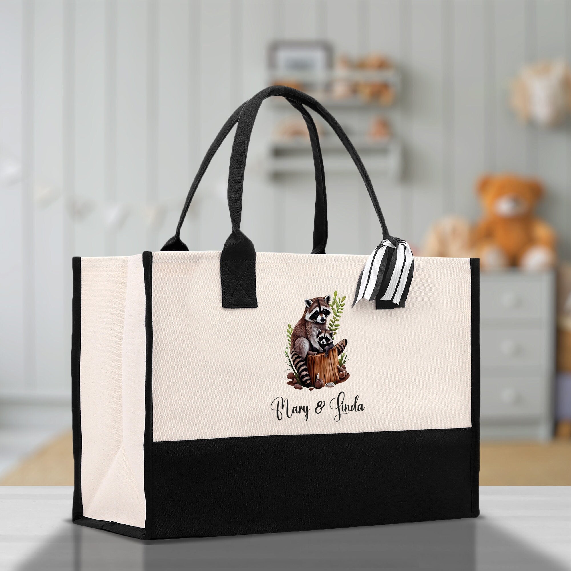 Raccoon Mom And Baby Name Custom Cotton Canvas Tote Bag Custom Pet Lover Gift Pet Portrait Bag Personalized Pet Owner Gift Tote Bag - Aaria Tees Aaria Tees