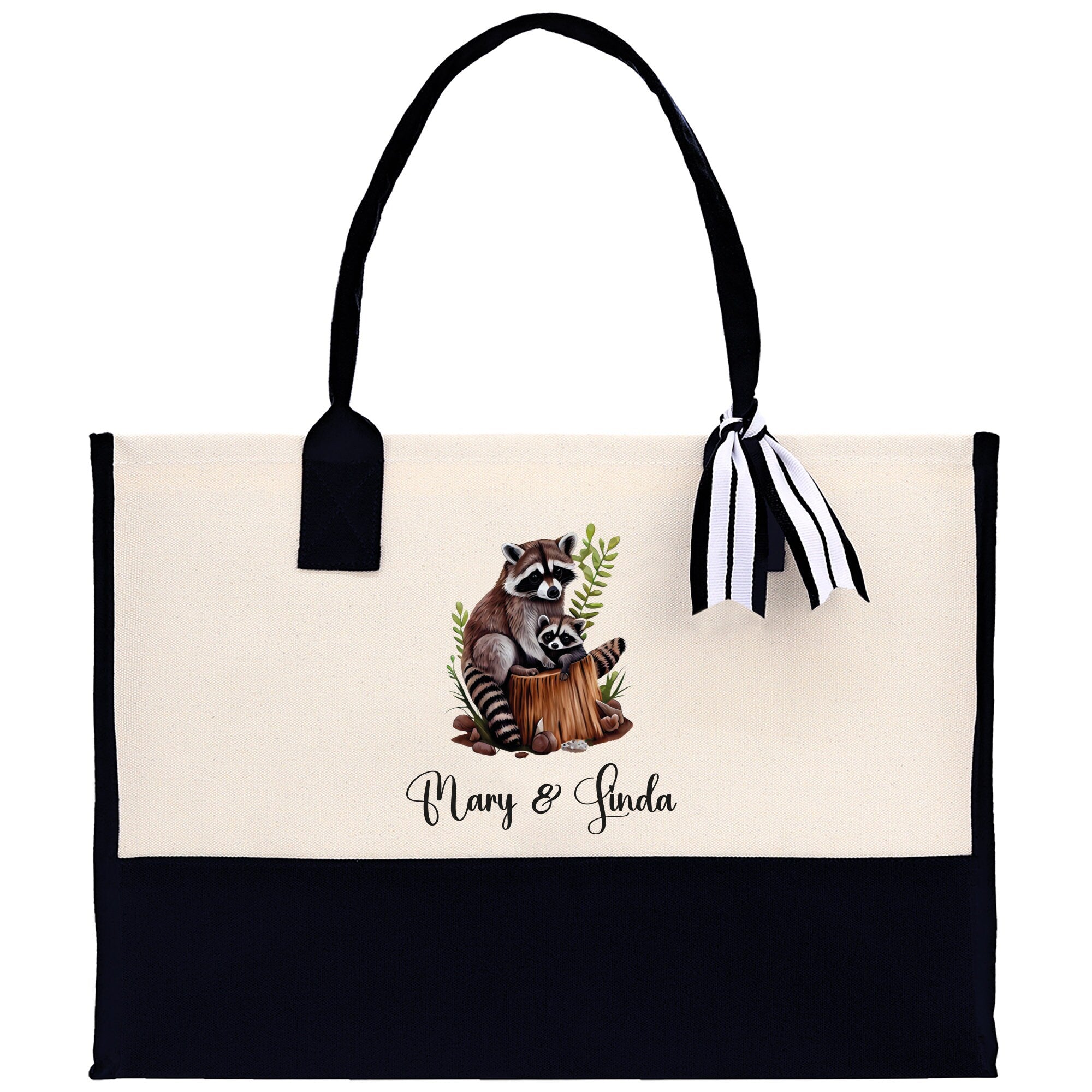 Raccoon Mom And Baby Name Custom Cotton Canvas Tote Bag Custom Pet Lover Gift Pet Portrait Bag Personalized Pet Owner Gift Tote Bag - Aaria Tees Aaria Tees