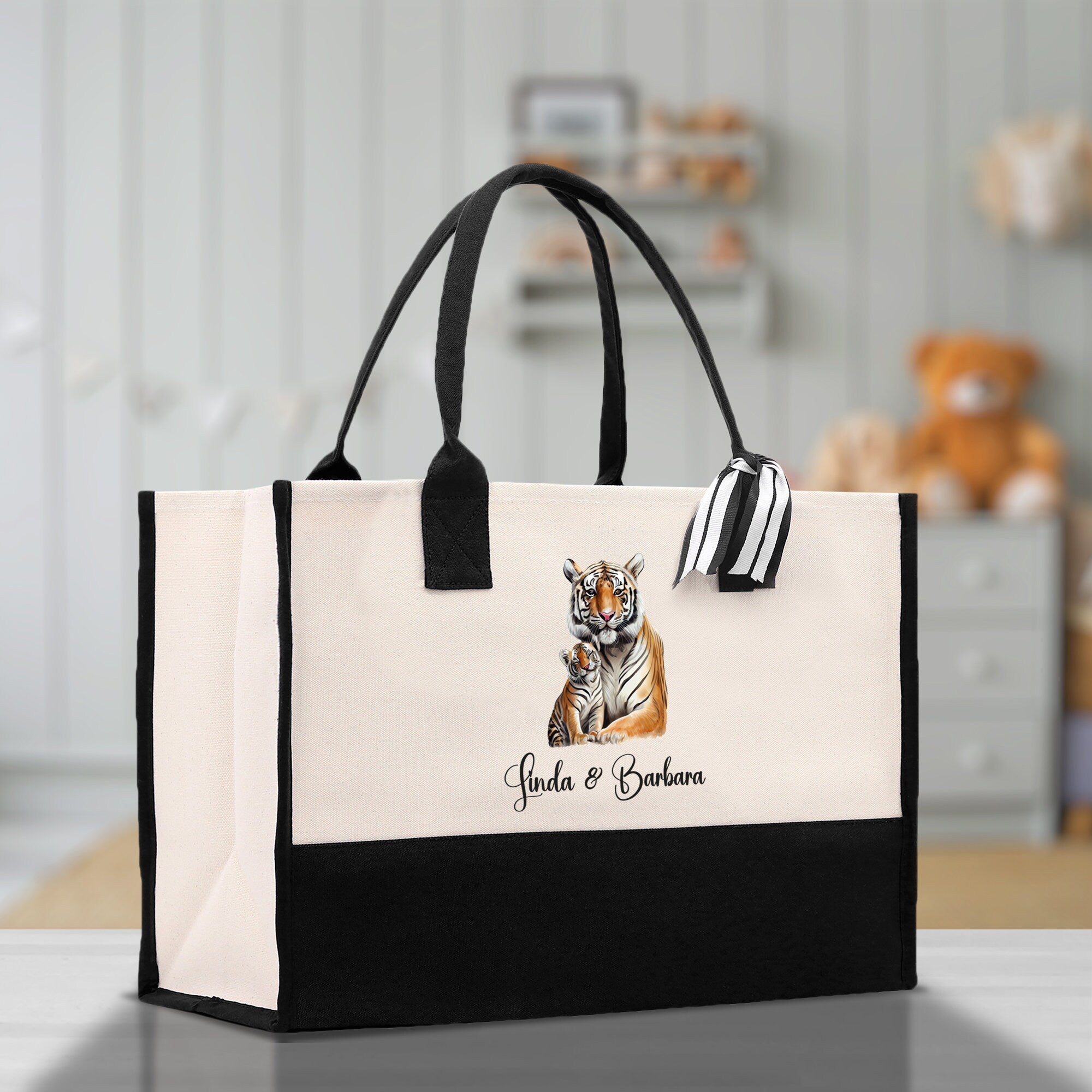 Tiger Mom And Baby Name Custom Cotton Canvas Tote Bag Custom Pet Lover Gift Pet Portrait Bag Personalized Pet Owner Gift Tote Bag - Aaria Tees Aaria Tees