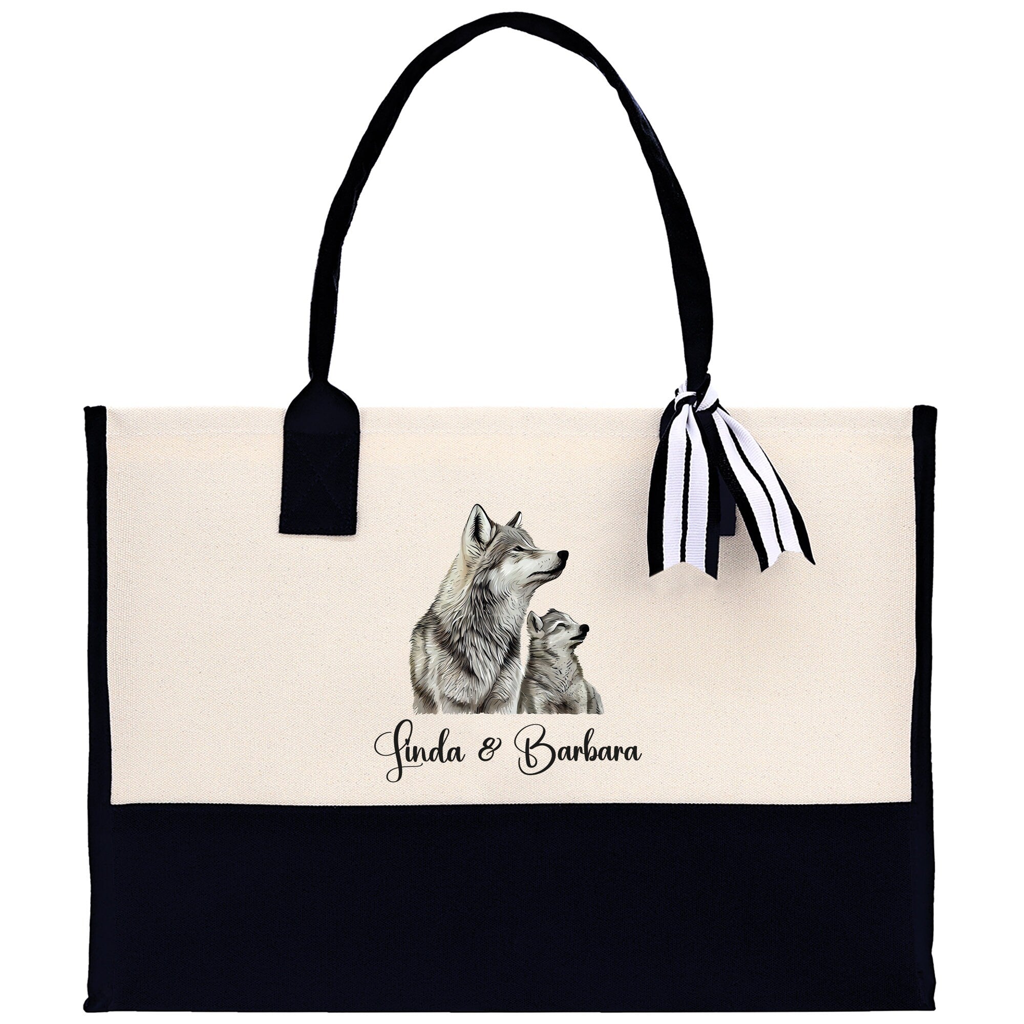 Wolf Mom And Baby Name Custom Cotton Canvas Tote Bag Custom Pet Lover Gift Pet Portrait Bag Personalized Pet Owner Gift Tote Bag - Aaria Tees Aaria Tees