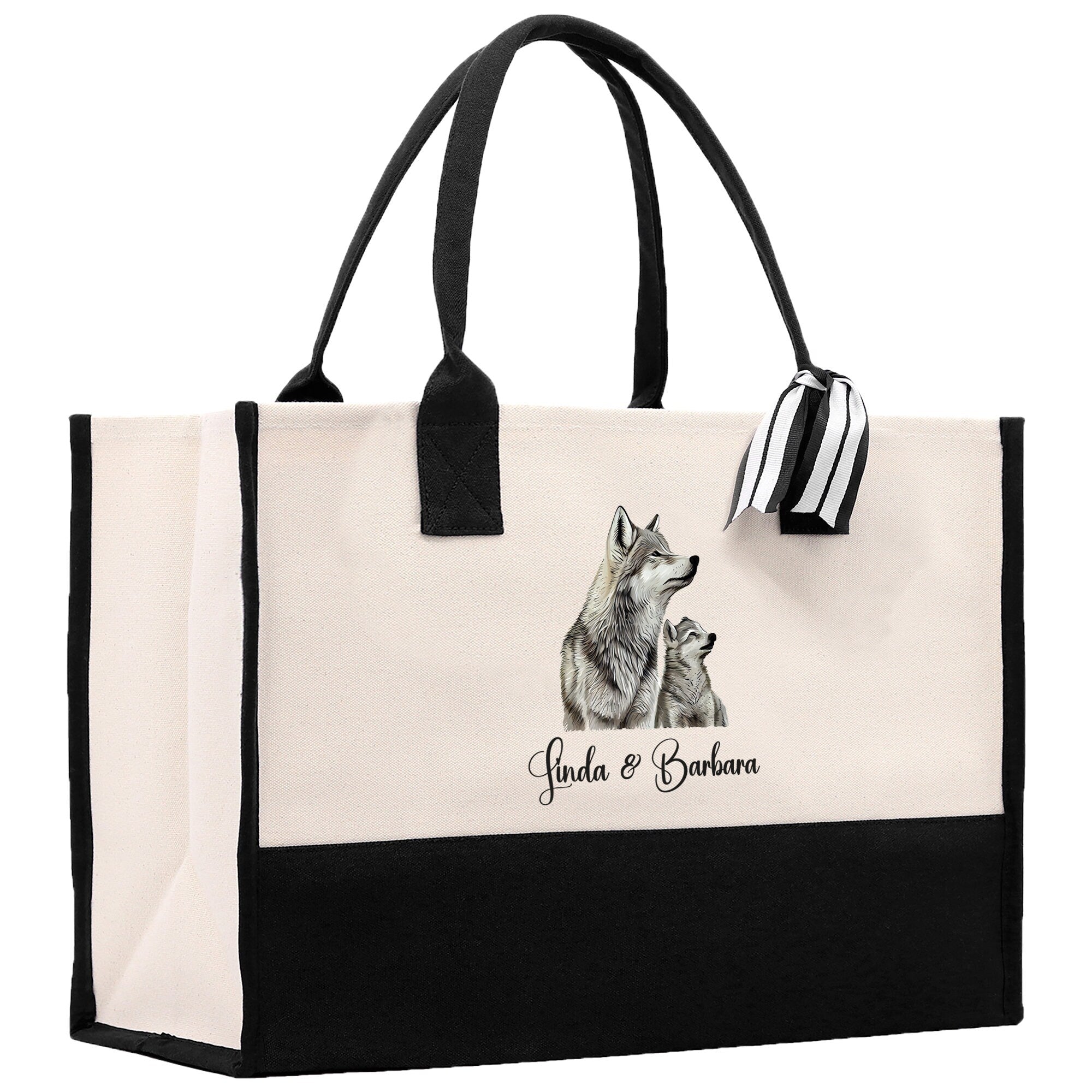 Wolf Mom And Baby Name Custom Cotton Canvas Tote Bag Custom Pet Lover Gift Pet Portrait Bag Personalized Pet Owner Gift Tote Bag - Aaria Tees Aaria Tees