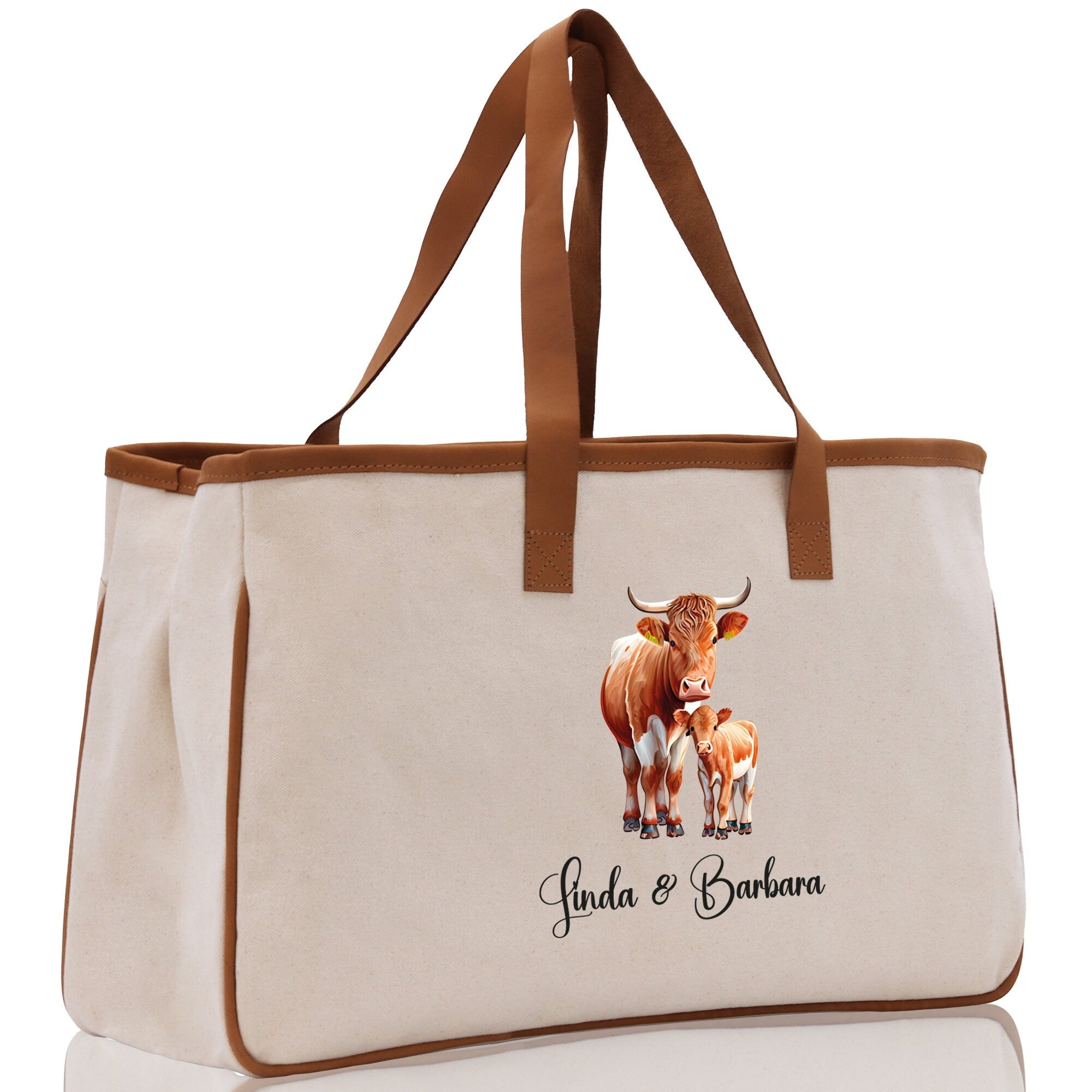 Cow Mom And Baby Name Custom Cotton Canvas Tote Bag Custom Pet Lover Gift Pet Portrait Bag Personalized Pet Owner Gift Tote Bag - Aaria Tees Aaria Tees