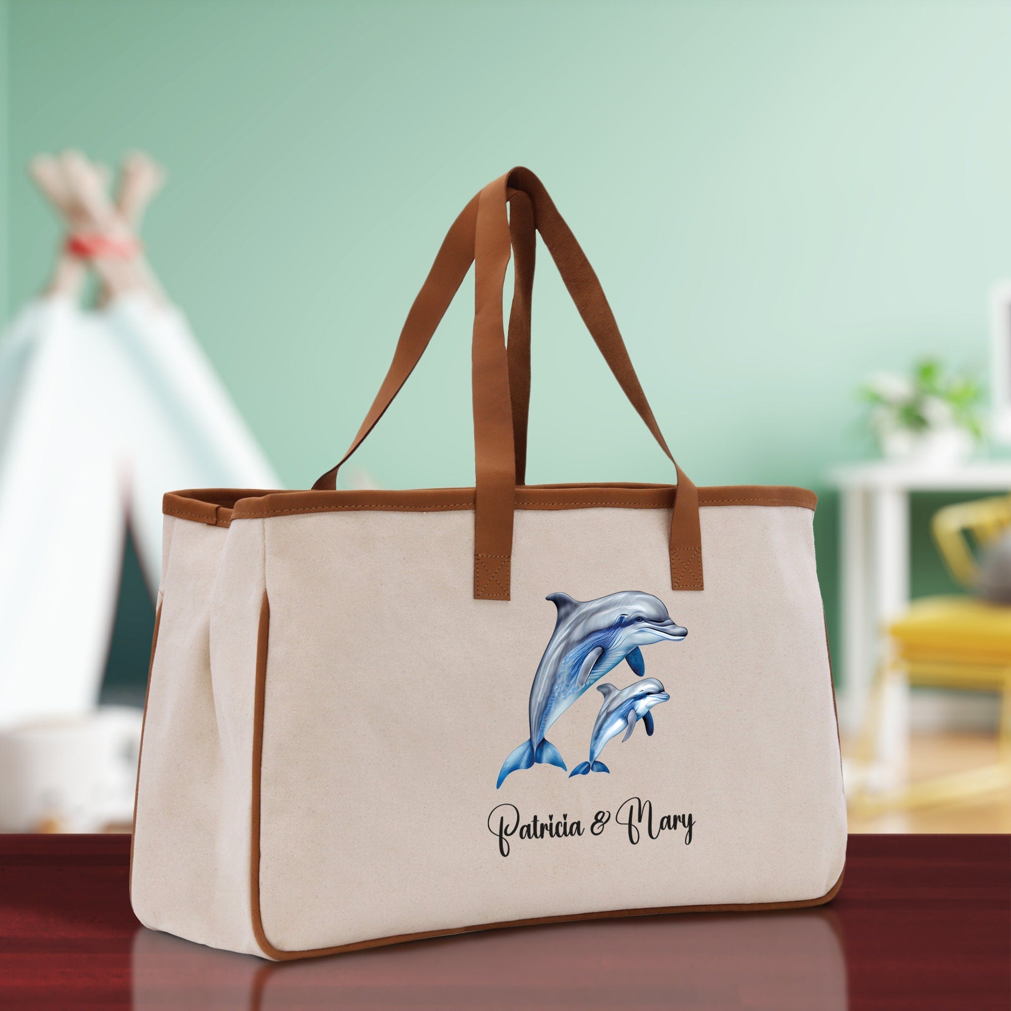 Dolphin Mom And Baby Name Custom Cotton Canvas Tote Bag Custom Pet Lover Gift Pet Portrait Bag Personalized Pet Owner Gift Tote Bag - Aaria Tees Aaria Tees