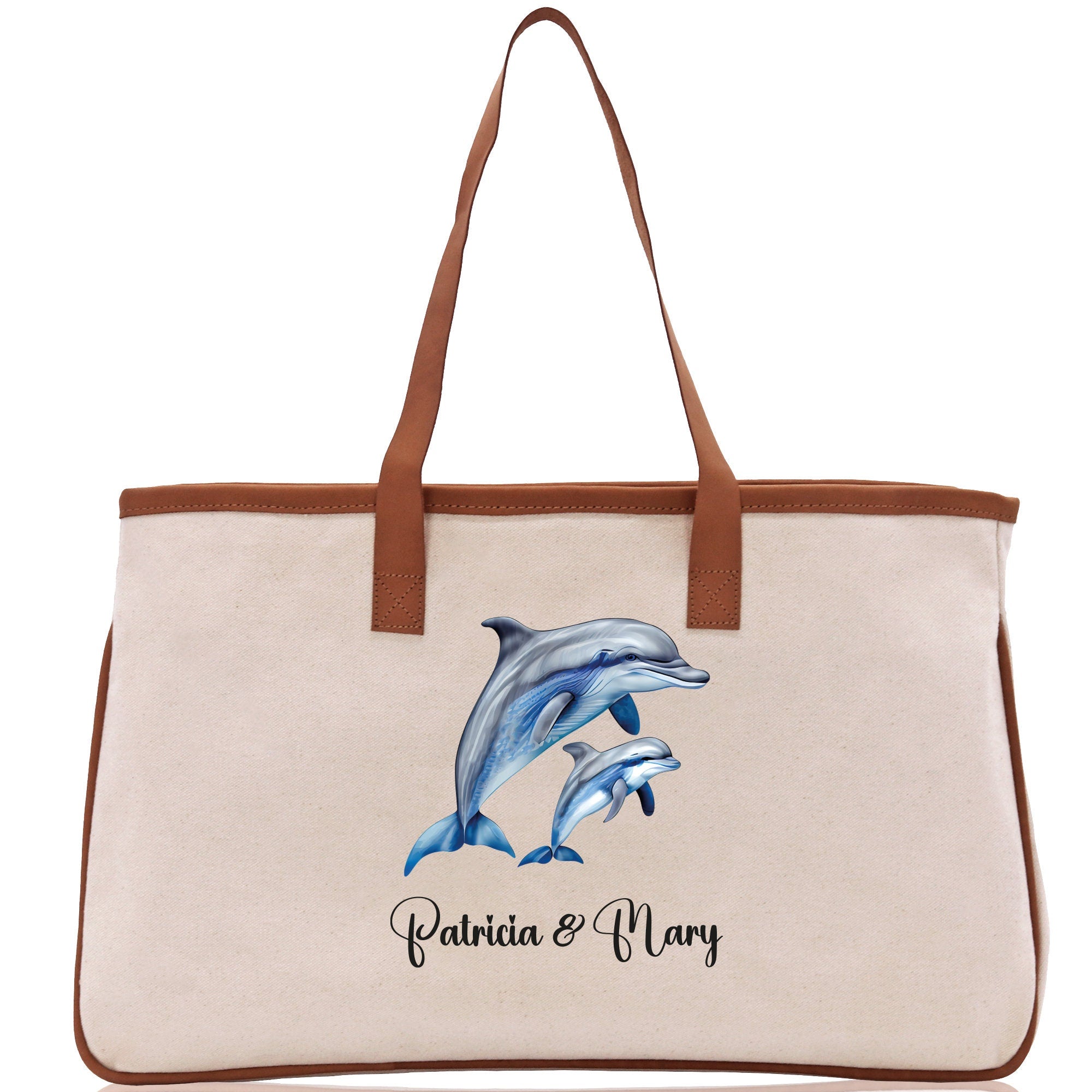 Dolphin Mom And Baby Name Custom Cotton Canvas Tote Bag Custom Pet Lover Gift Pet Portrait Bag Personalized Pet Owner Gift Tote Bag - Aaria Tees Aaria Tees