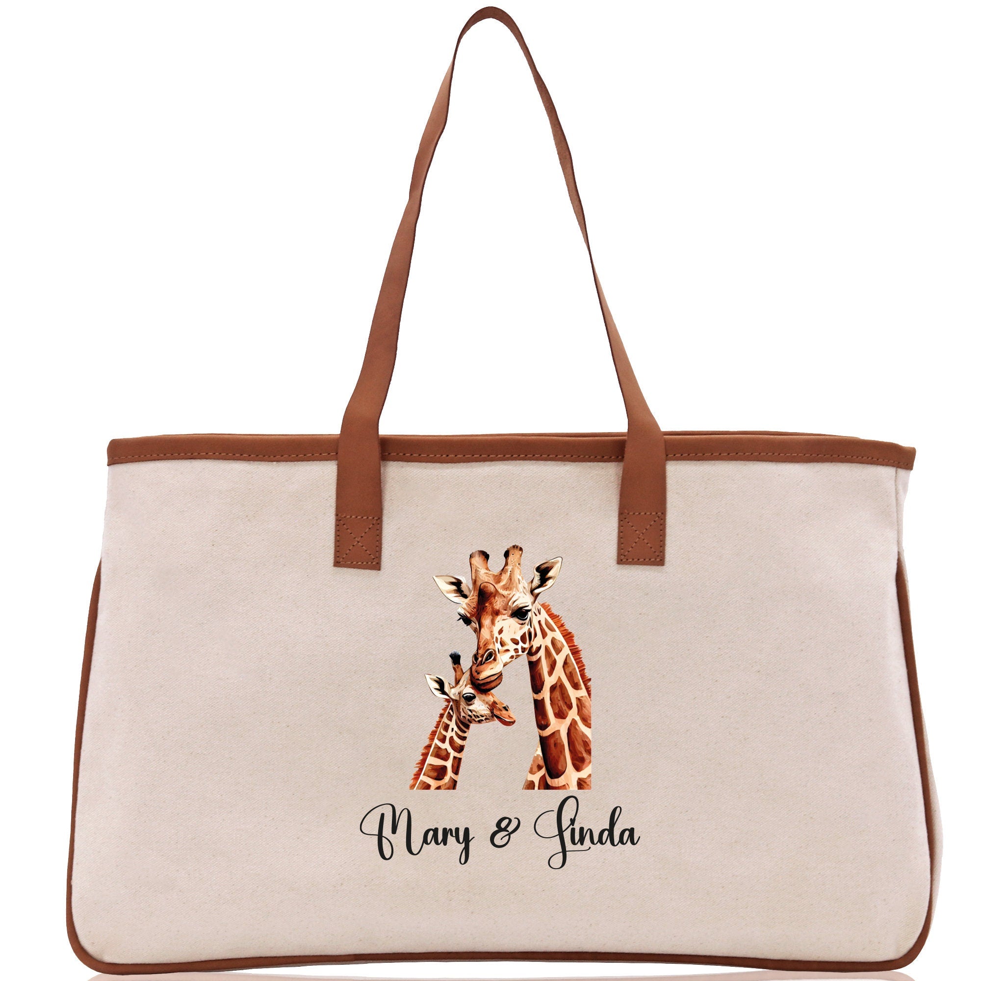 Giraffe Mom And Baby Name Custom Cotton Canvas Tote Bag Custom Pet Lover Gift Pet Portrait Bag Personalized Pet Owner Gift Tote Bag - Aaria Tees Aaria Tees