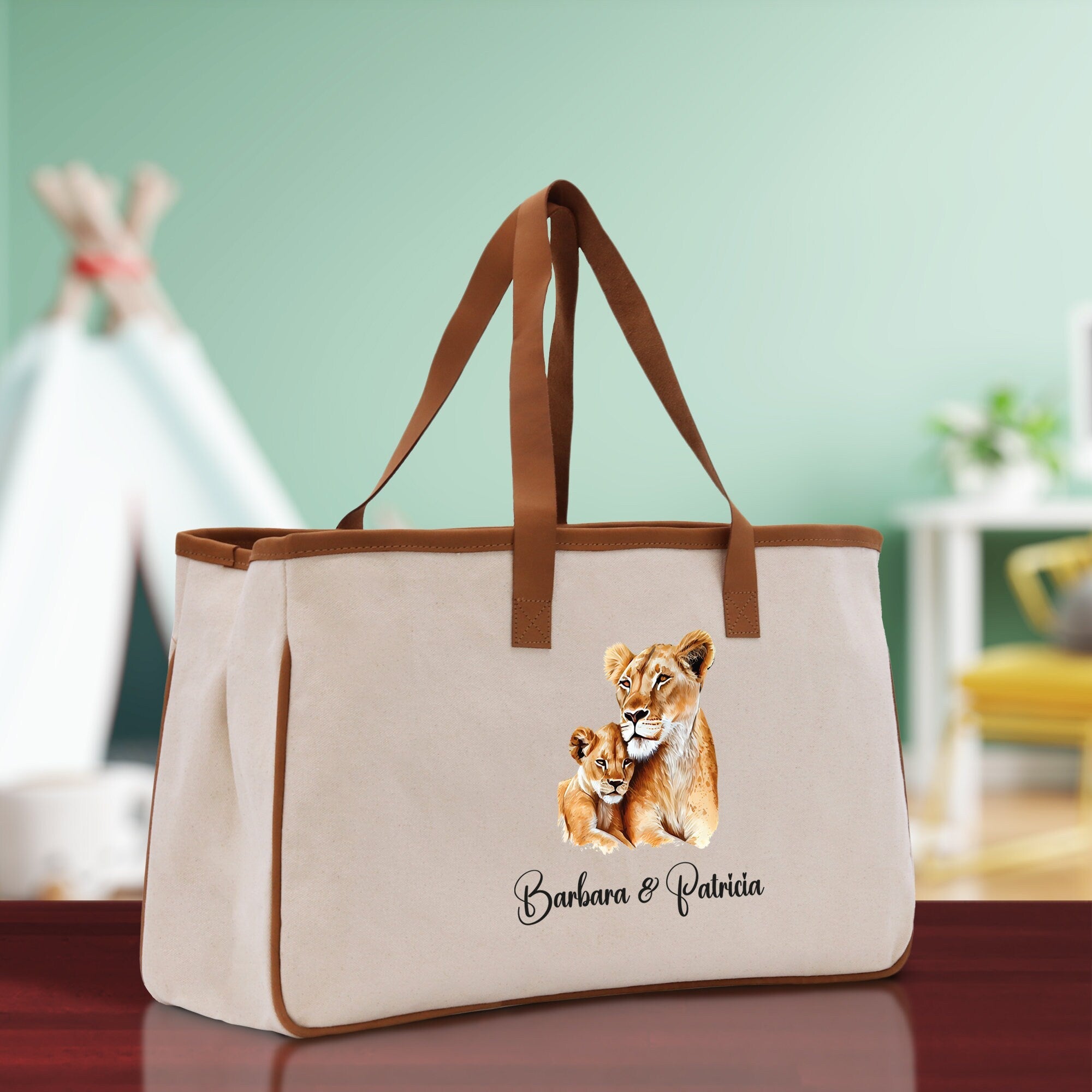 Lion Mom And Baby Name Custom Cotton Canvas Tote Bag Custom Pet Lover Gift Pet Portrait Bag Personalized Pet Owner Gift Tote Bag - Aaria Tees Aaria Tees