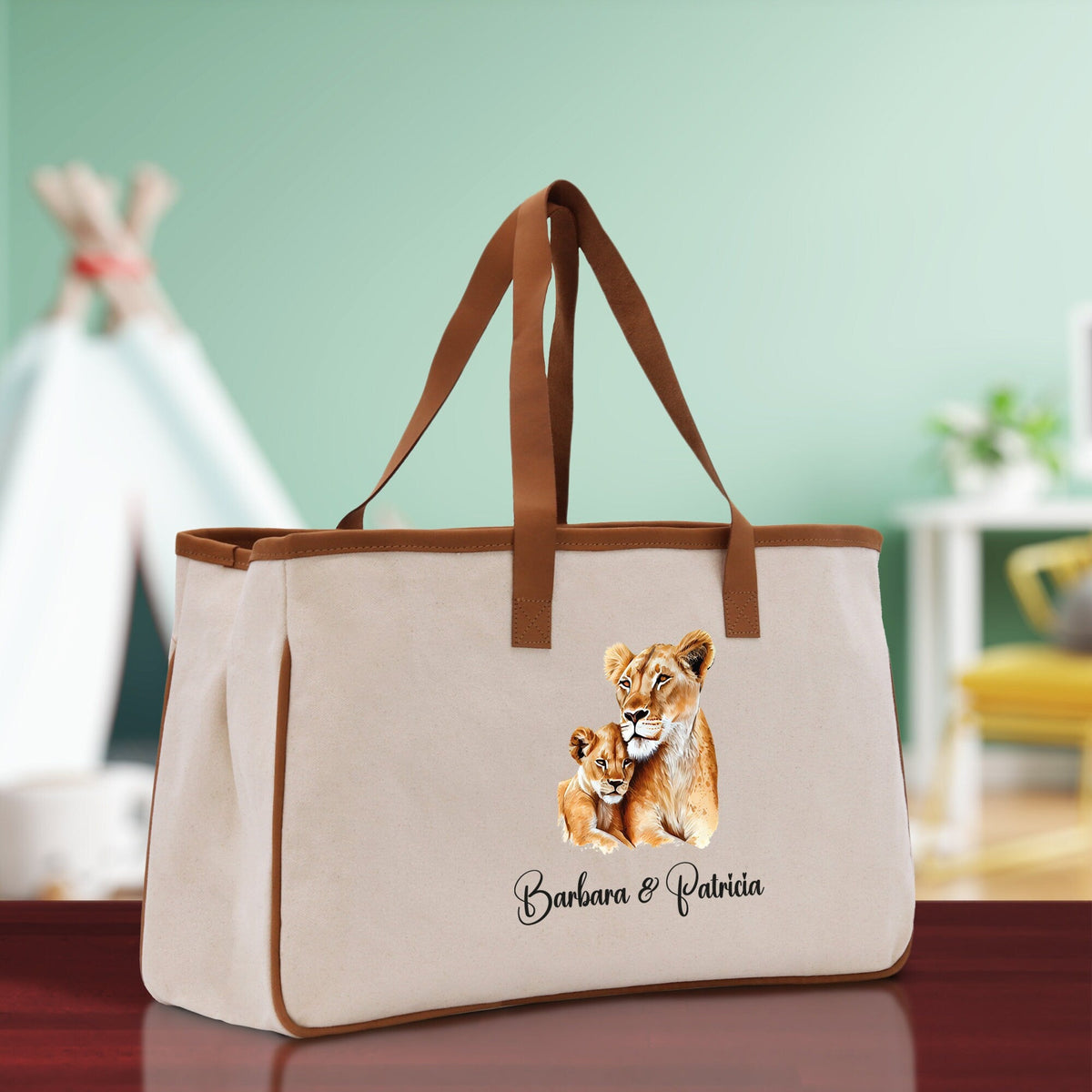 Lion Mom And Baby Name Custom Cotton Canvas Tote Bag Custom Pet Lover Gift Pet Portrait Bag Personalized Pet Owner Gift Tote Bag - Aaria Tees