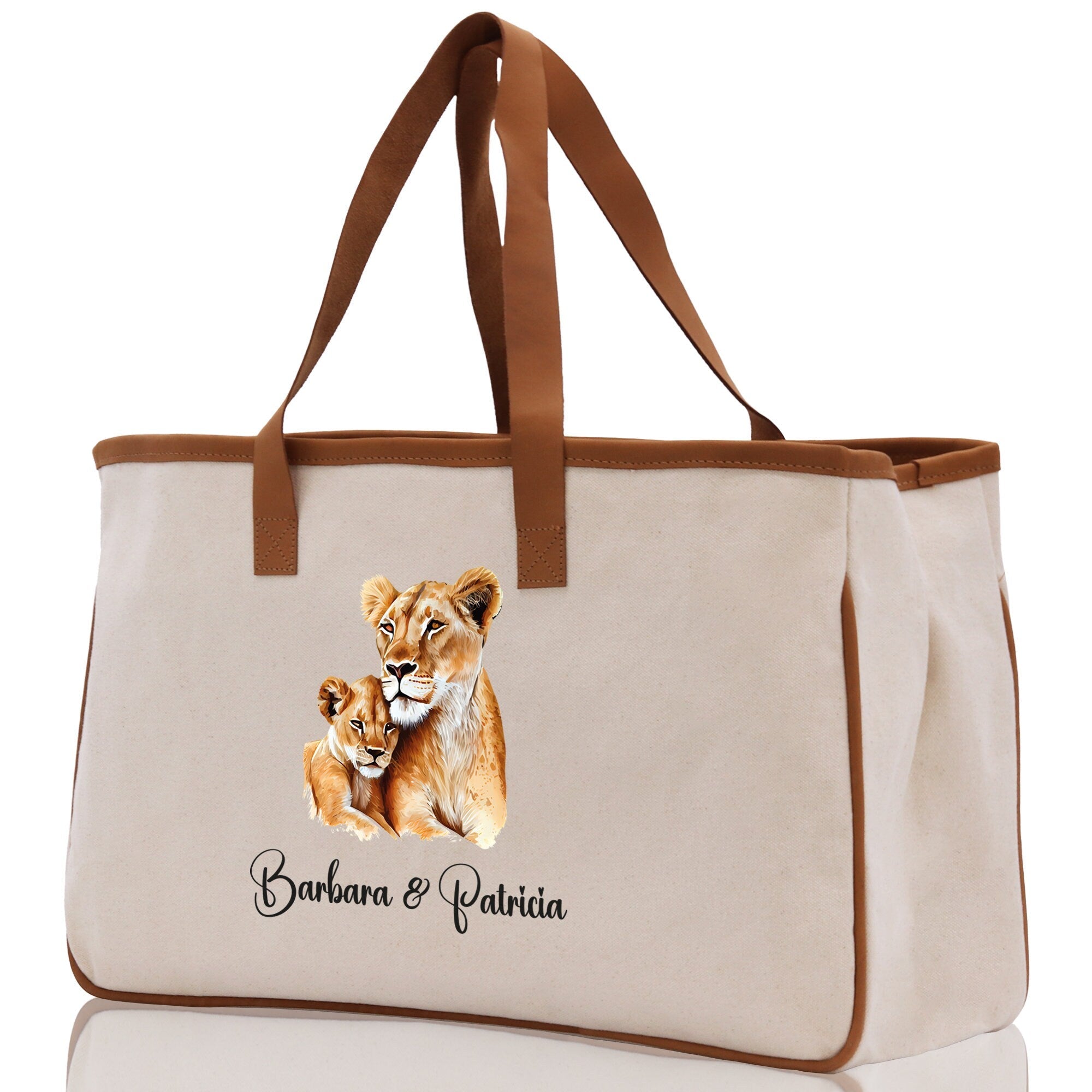 Lion Mom And Baby Name Custom Cotton Canvas Tote Bag Custom Pet Lover Gift Pet Portrait Bag Personalized Pet Owner Gift Tote Bag - Aaria Tees Aaria Tees