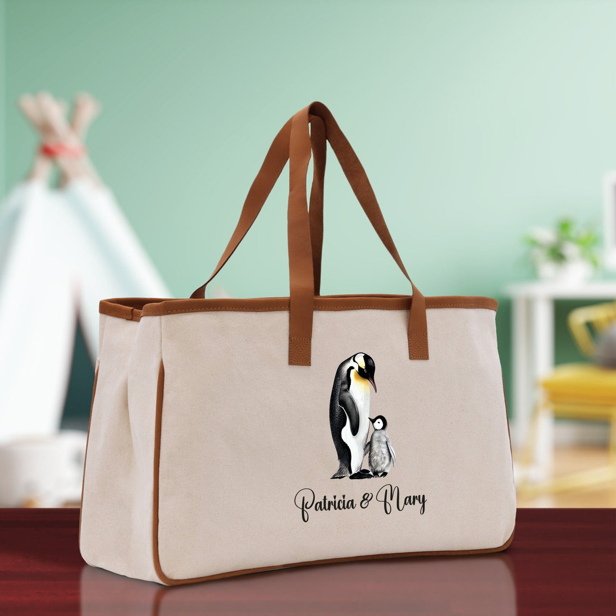 Penguin Mom And Baby Name Custom Cotton Canvas Tote Bag Custom Pet Lover Gift Pet Portrait Bag Personalized Pet Owner Gift Tote Bag - Aaria Tees
