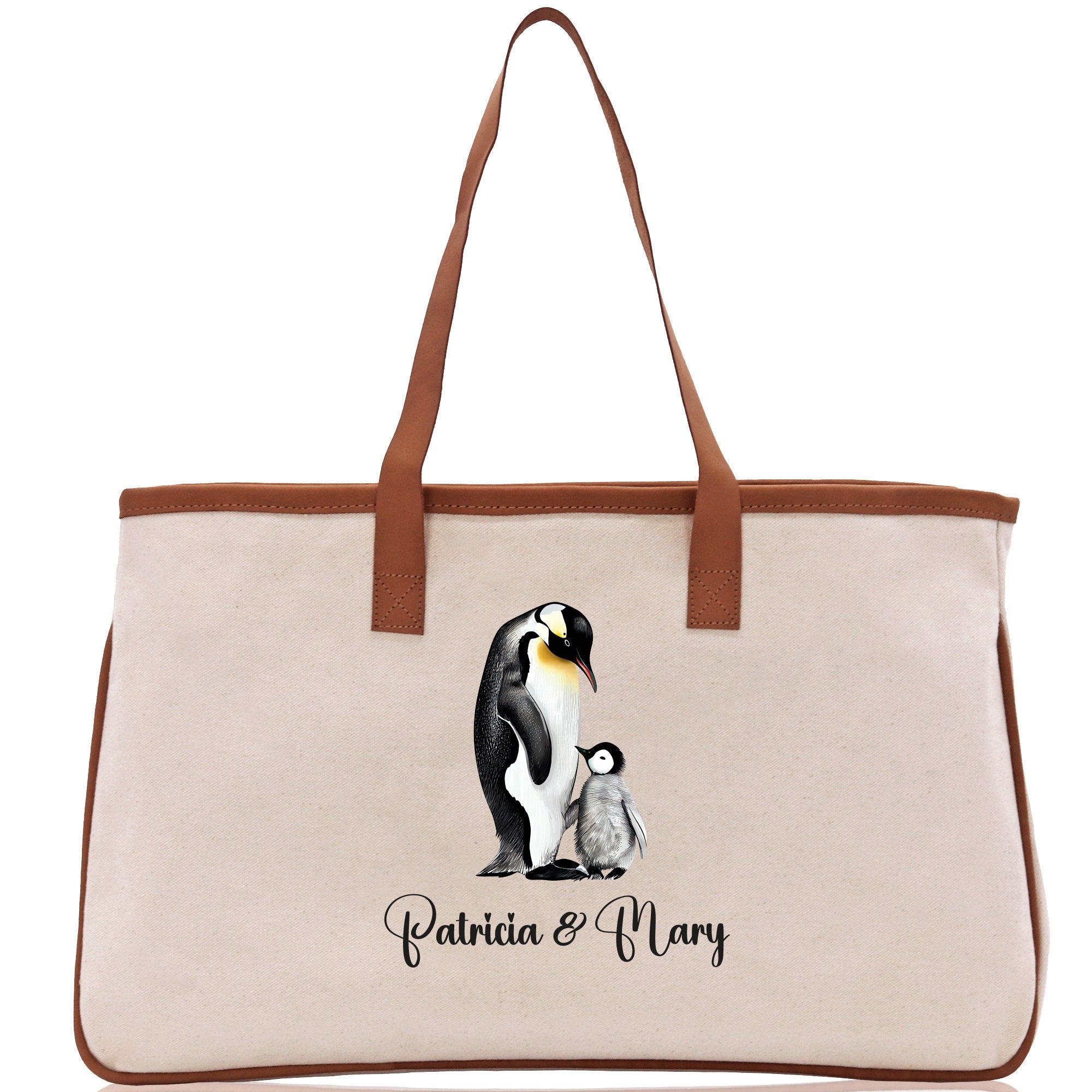 Penguin Mom And Baby Name Custom Cotton Canvas Tote Bag Custom Pet Lover Gift Pet Portrait Bag Personalized Pet Owner Gift Tote Bag - Aaria Tees Aaria Tees