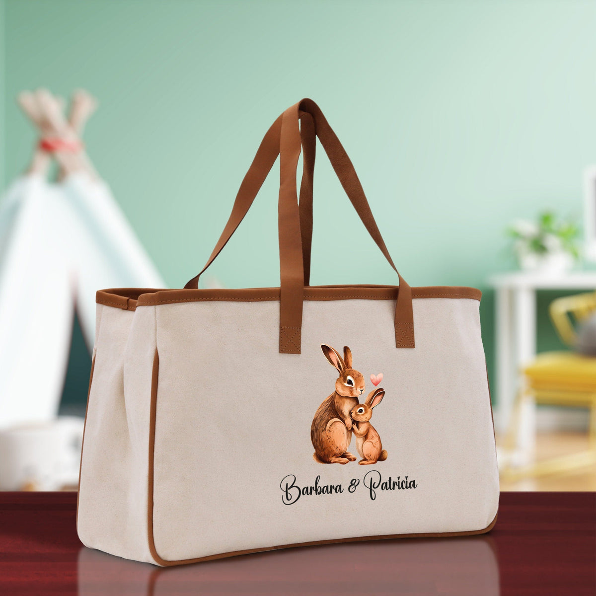 Rabbit Mom And Baby Name Custom Cotton Canvas Tote Bag Custom Pet Lover Gift Pet Portrait Bag Personalized Pet Owner Gift Tote Bag - Aaria Tees