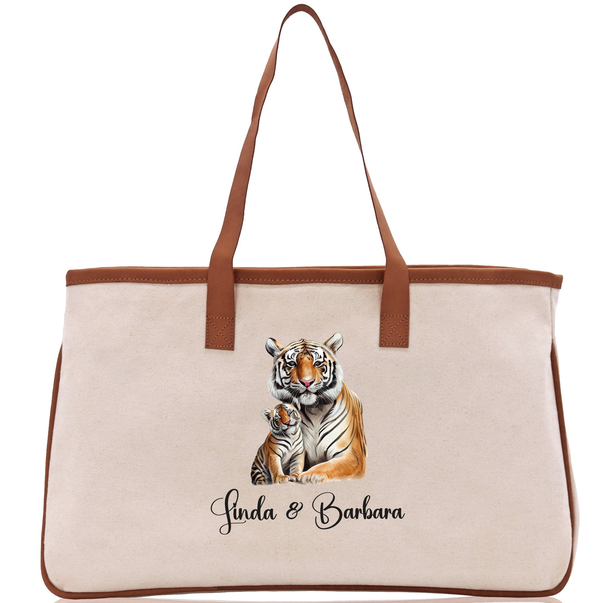 Tiger Mom And Baby Name Custom Cotton Canvas Tote Bag Custom Pet Lover Gift Pet Portrait Bag Personalized Pet Owner Gift Tote Bag - Aaria Tees Aaria Tees