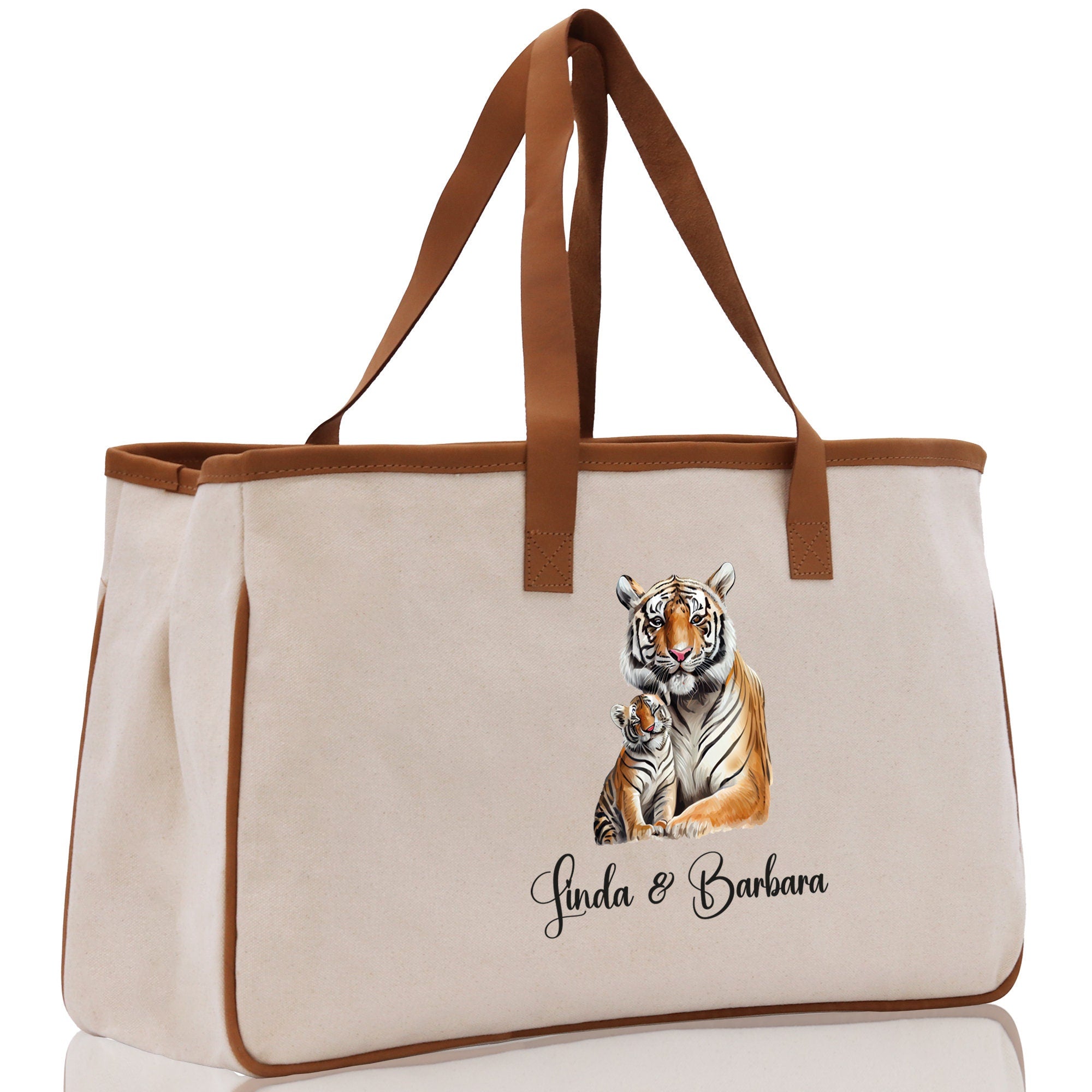 Tiger Mom And Baby Name Custom Cotton Canvas Tote Bag Custom Pet Lover Gift Pet Portrait Bag Personalized Pet Owner Gift Tote Bag - Aaria Tees Aaria Tees