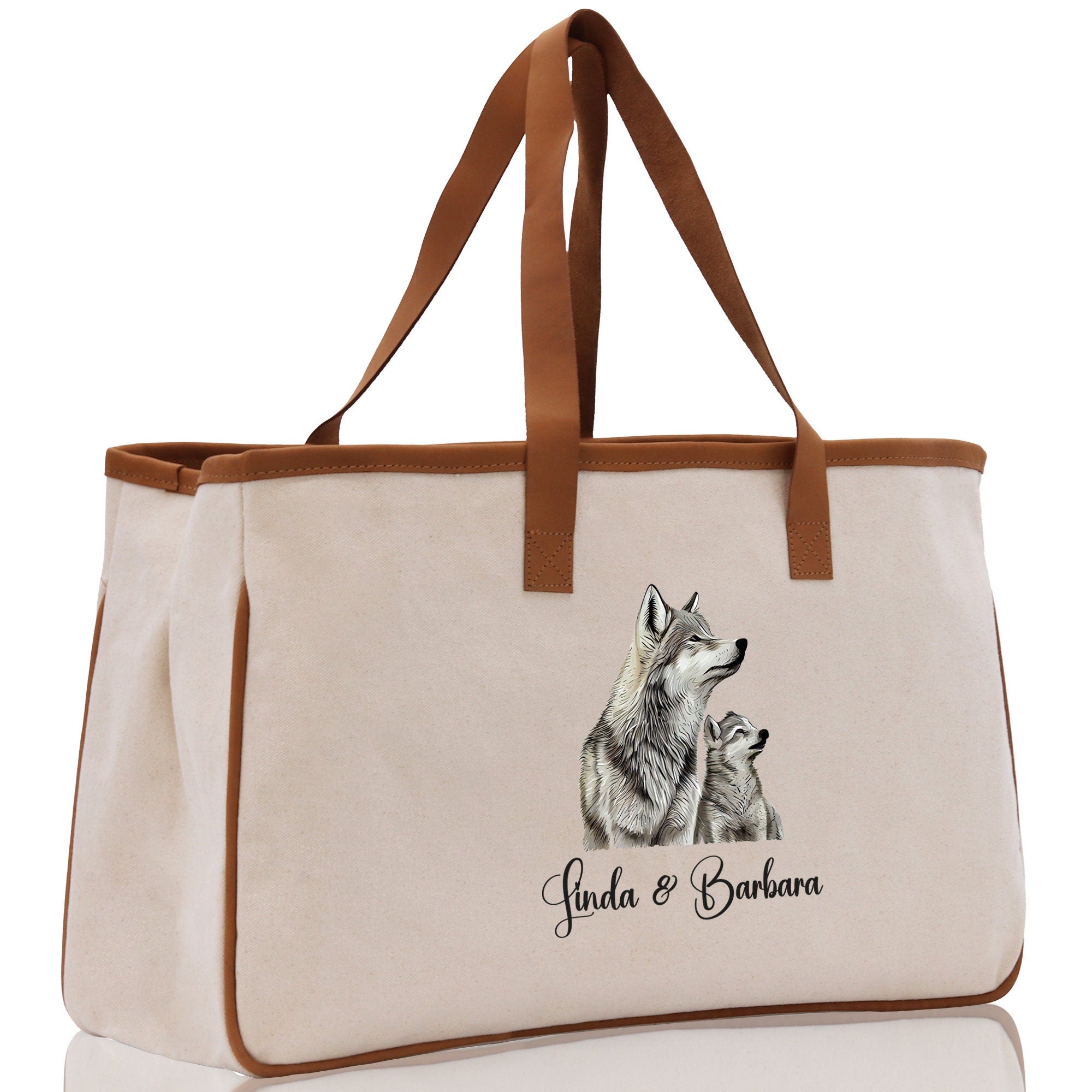 Wolf Mom And Baby Name Custom Cotton Canvas Tote Bag Custom Pet Lover Gift Pet Portrait Bag Personalized Pet Owner Gift Tote Bag - Aaria Tees Aaria Tees