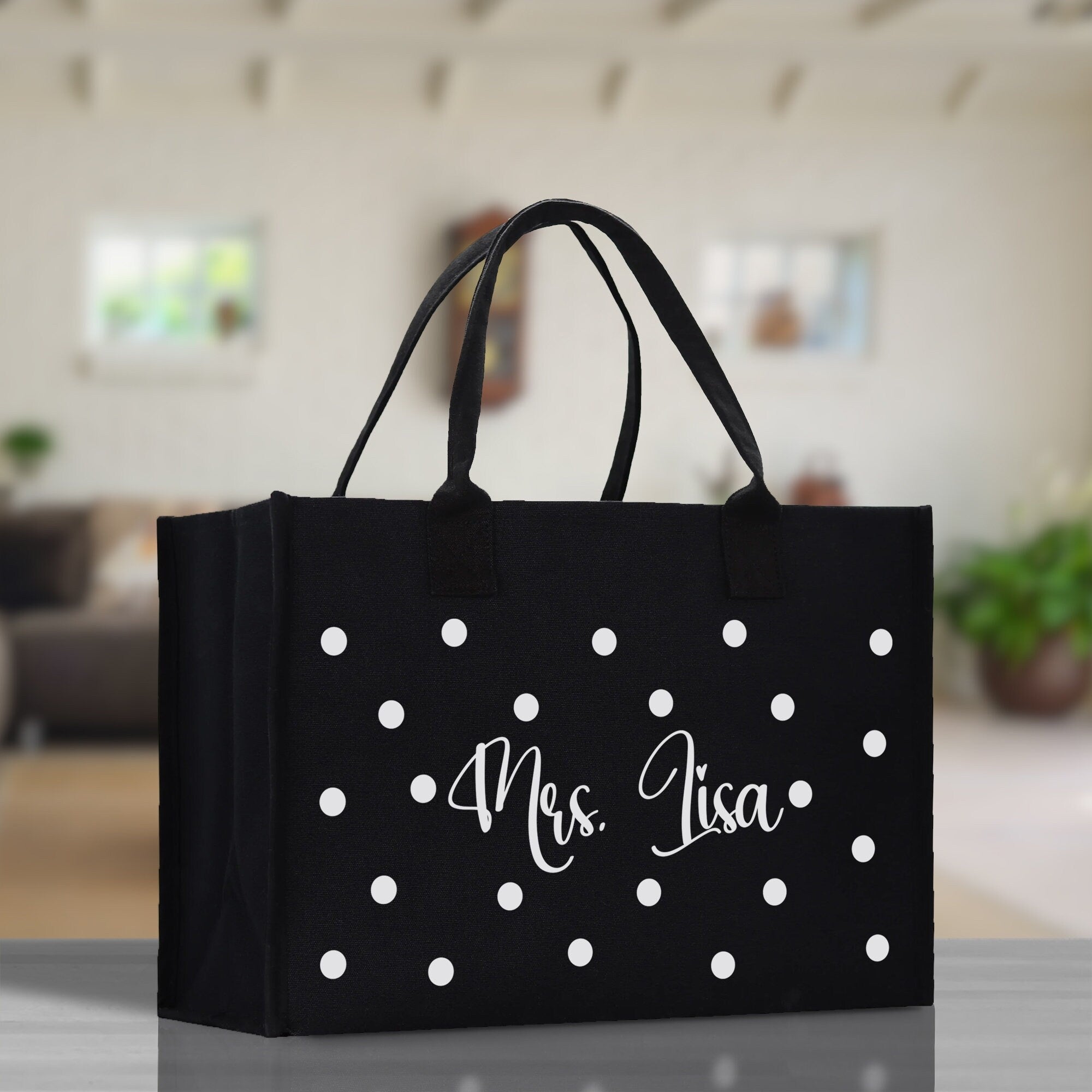 Polka Dot Mrs. Last Name Tote Bag Personalized Date Wedding Tote Bridal Shower Gift Honeymoon Gift Customized Wedding Gift Bridesmaid Gift - Aaria Tees Aaria Tees