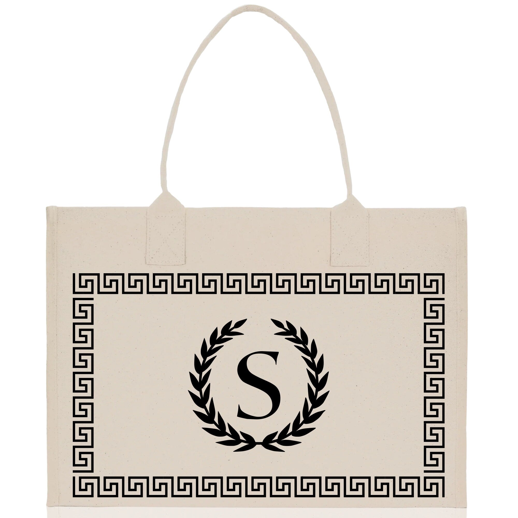Greek Frame Personalized Cotton Canvas Beach Tote Bag Monogram Tote Bag Initial Canvas Tote Bridesmaid Gift Tote Custom Bag Gift for Her A-Z - Aaria Tees Aaria Tees