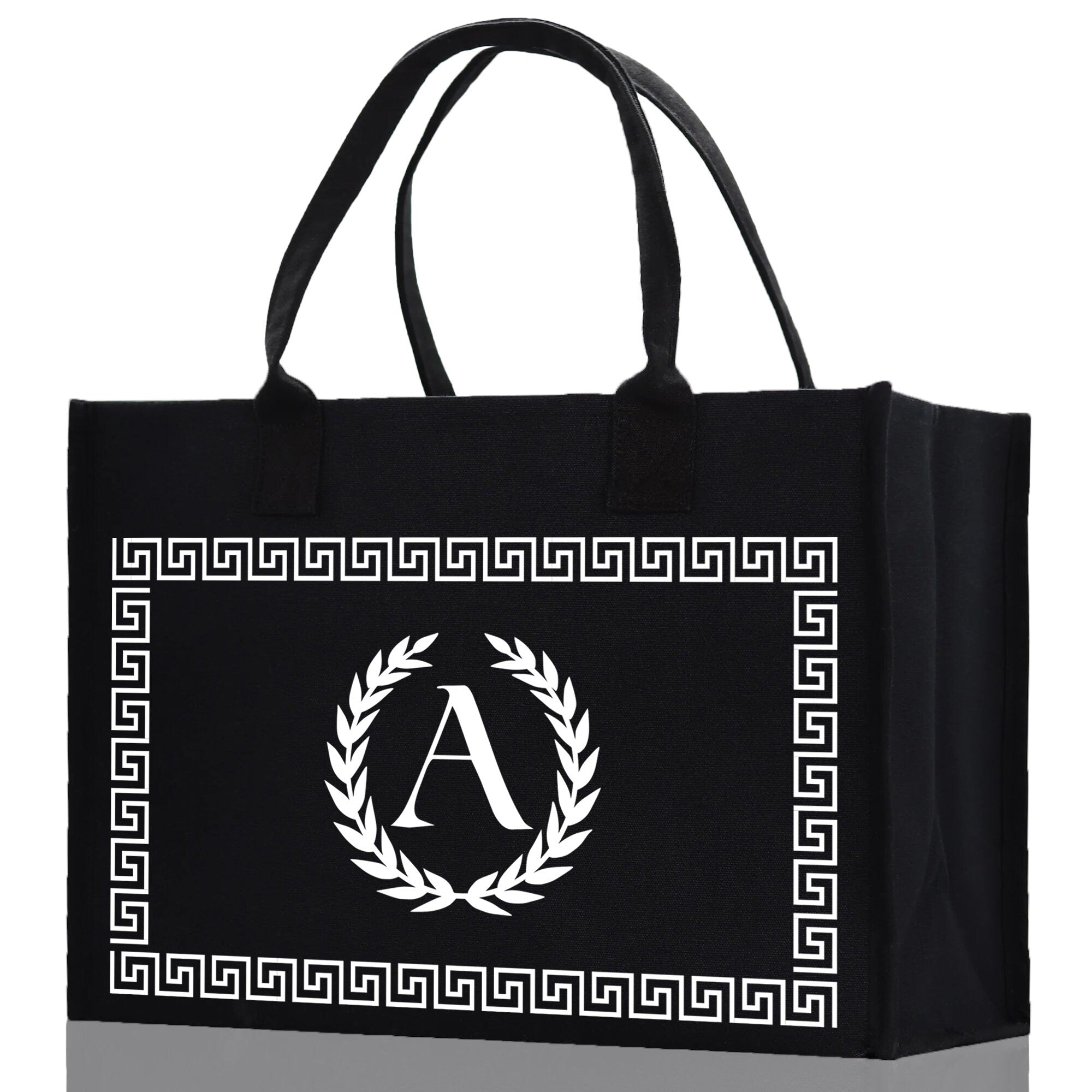 Greek Frame Personalized Cotton Canvas Beach Tote Bag Monogram Tote Bag Initial Canvas Tote Bridesmaid Gift Tote Custom Bag Gift for Her A-Z - Aaria Tees Aaria Tees