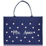 Polka Dot Mrs. Last Name Tote Bag Personalized Date Wedding Tote Bridal Shower Gift Honeymoon Gift Customized Wedding Gift Bridesmaid Gift - Aaria Tees Aaria Tees