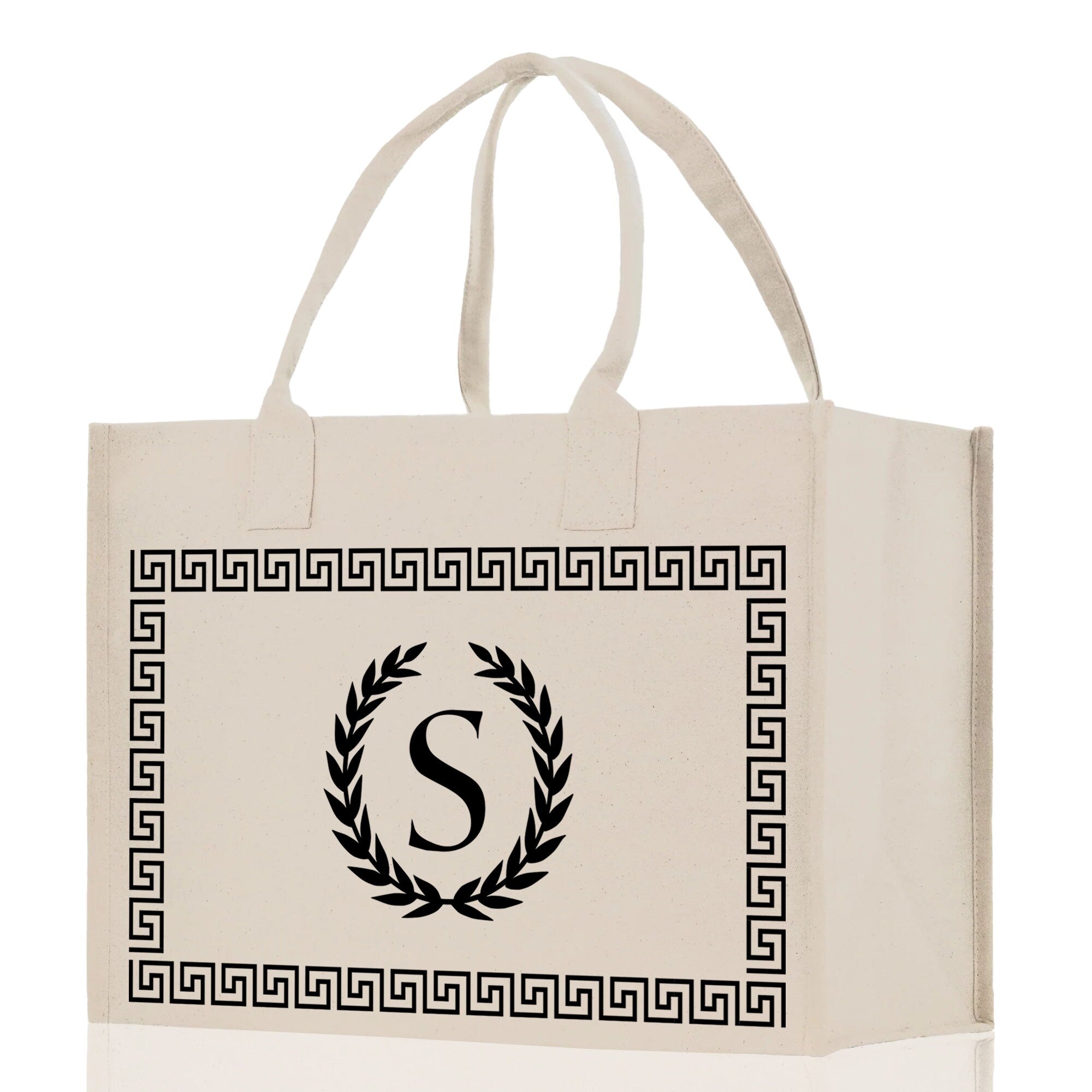 Greek Frame Personalized Cotton Canvas Beach Tote Bag Monogram Tote Bag Initial Canvas Tote Bridesmaid Gift Tote Custom Bag Gift for Her A-Z - Aaria Tees Aaria Tees