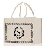 Greek Frame Personalized Cotton Canvas Beach Tote Bag Monogram Tote Bag Initial Canvas Tote Bridesmaid Gift Tote Custom Bag Gift for Her A-Z - Aaria Tees Aaria Tees