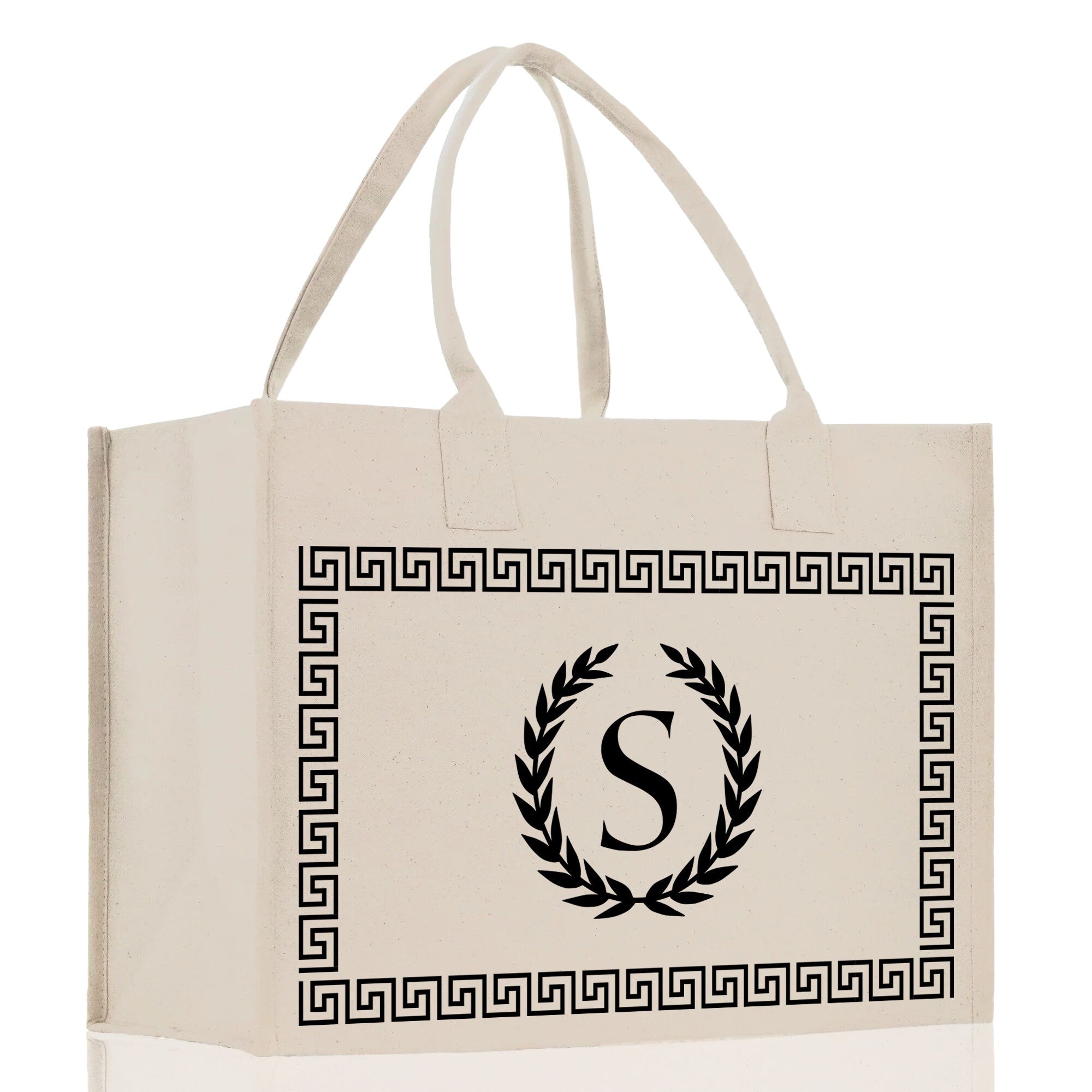 Greek Frame Personalized Cotton Canvas Beach Tote Bag Monogram Tote Bag Initial Canvas Tote Bridesmaid Gift Tote Custom Bag Gift for Her A-Z - Aaria Tees Aaria Tees