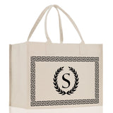 Greek Frame Personalized Cotton Canvas Beach Tote Bag Monogram Tote Bag Initial Canvas Tote Bridesmaid Gift Tote Custom Bag Gift for Her A-Z - Aaria Tees Aaria Tees