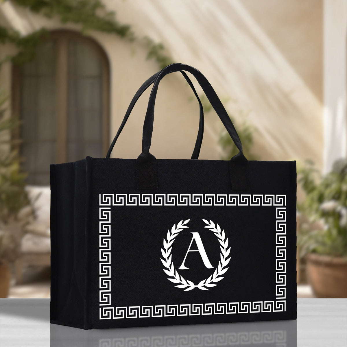 Greek Frame Personalized Cotton Canvas Beach Tote Bag Monogram Tote Bag Initial Canvas Tote Bridesmaid Gift Tote Custom Bag Gift for Her A-Z - Aaria Tees