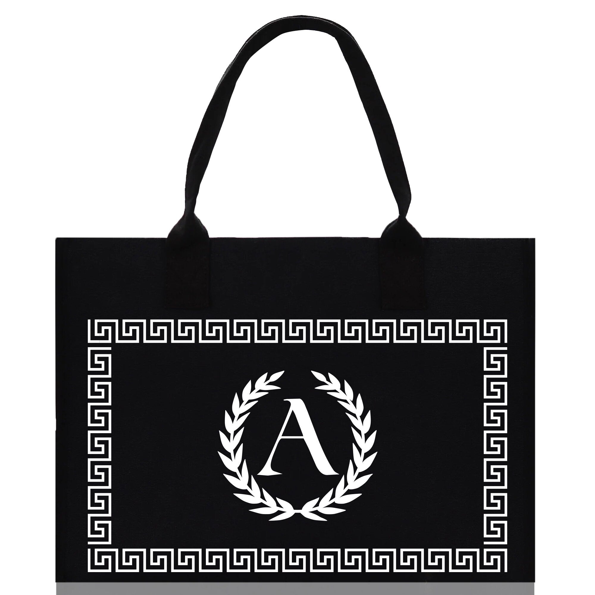 Greek Frame Personalized Cotton Canvas Beach Tote Bag Monogram Tote Bag Initial Canvas Tote Bridesmaid Gift Tote Custom Bag Gift for Her A-Z - Aaria Tees Aaria Tees